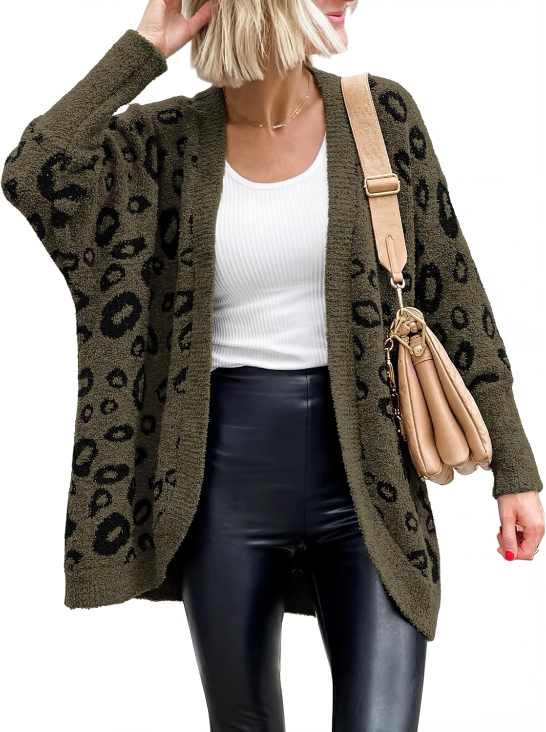 BTFBM Leopard Cardigan for Women Long Sleeve Open Front Cardigans Sweaters Pockets Loose Knit 2026 Fall Spring Outwear