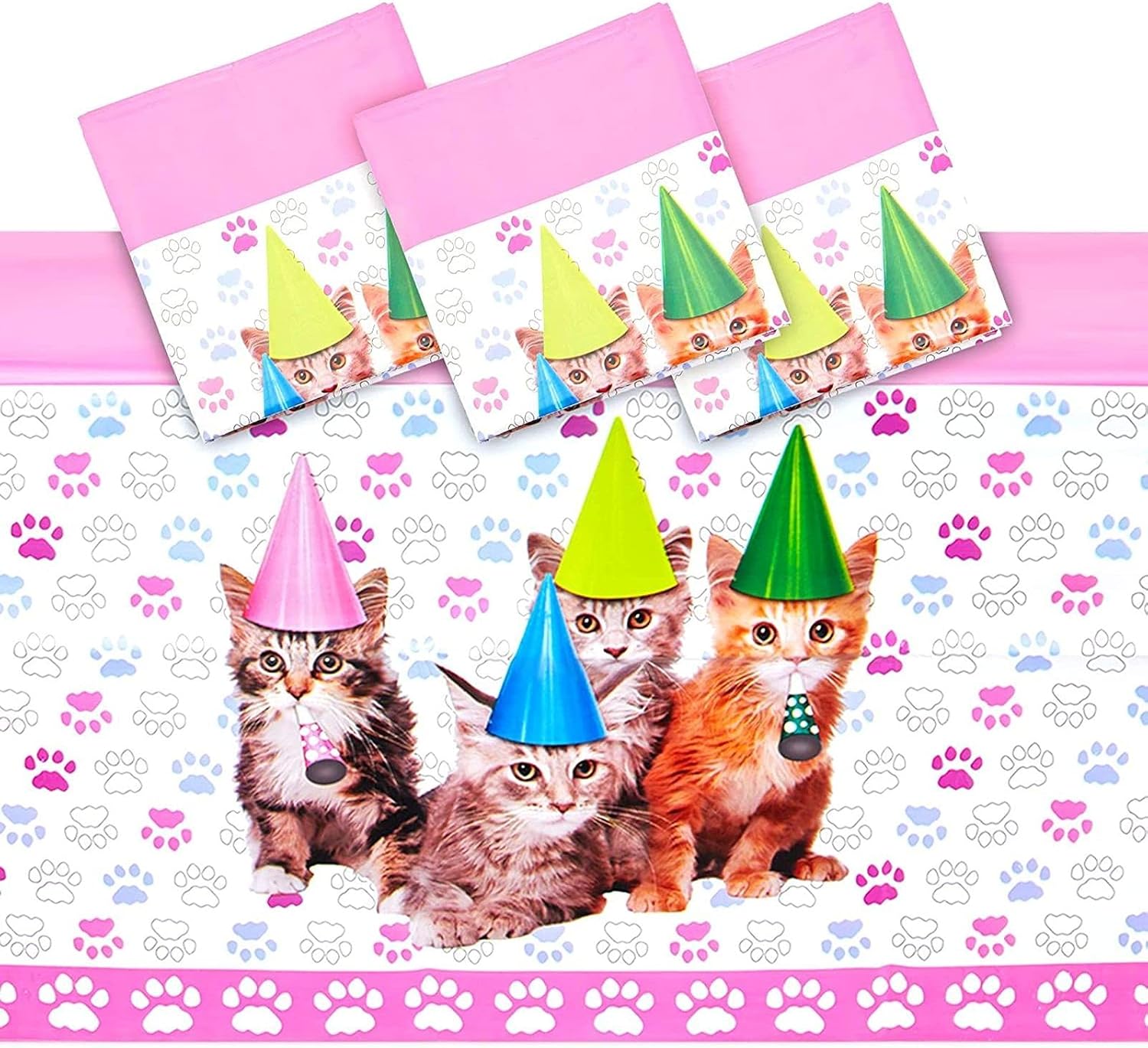 Cat Plastic Tablecloth for Kitten Party (Pink, 54 x 108 in, 3 Pack) : Home & Kitchen