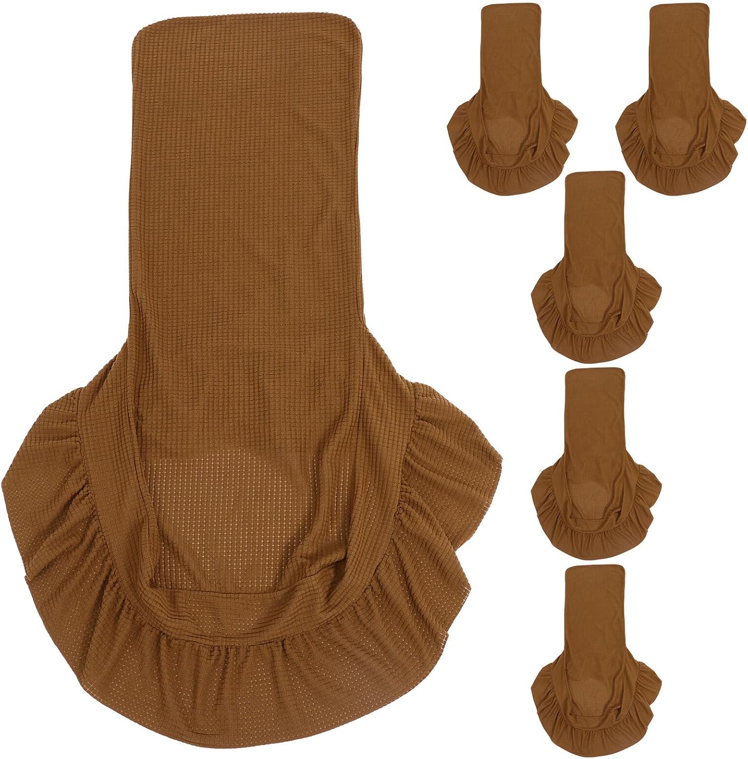 Waterproof Plaid Stretch Dining Chair Covers with Ruffle Skirt, Elastic Protective Slipcovers for Kitchen and Dining Room, 6pcs Light Coffee