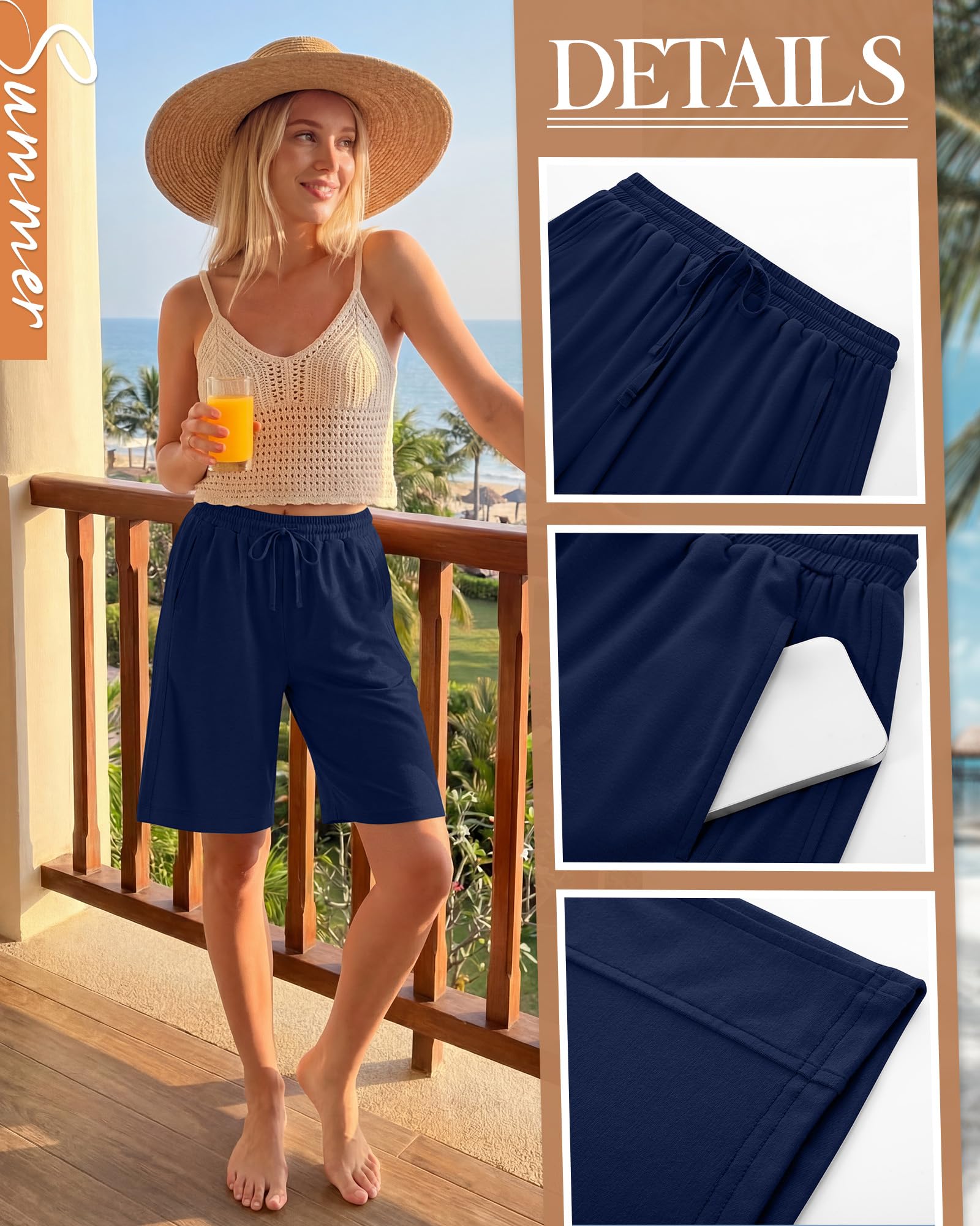 Geyoga Lot de 4 Bermudas pour Femmes, Taille Élastique avec Cordon de Serrage, Jambes Larges et Jambes Longues.