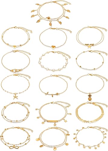 Hicarer Tobilleras de 16 piezas de 14 quilates para mujeres y niñas, juego de tobilleras de plata y oro para niñas, tobilleras de playa bohemias,