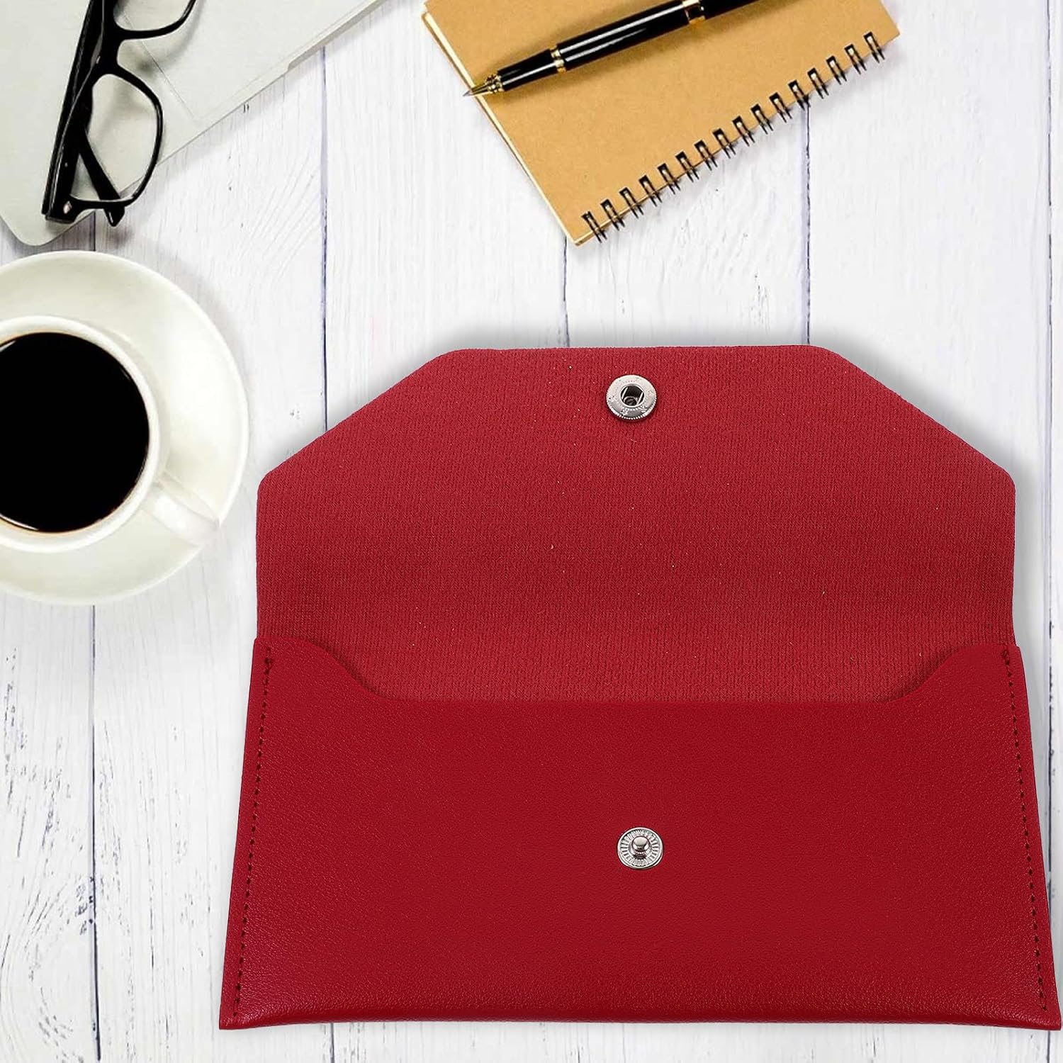 HOMSFOU Red Pu Leather Business Wallet Card Holder with Button Closure image 5