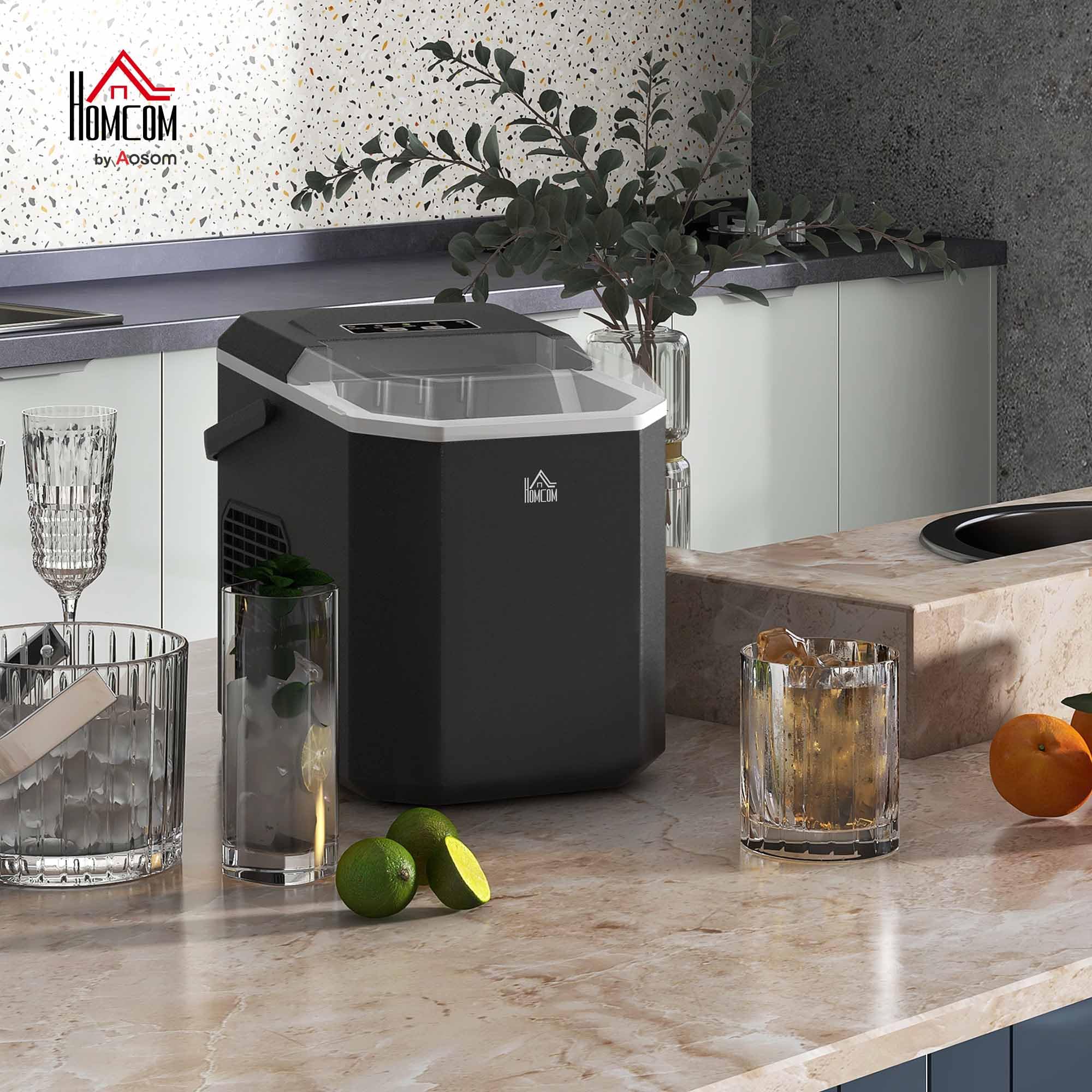HOMCOM Machine à glaçons autonettoyante, 12kg en 24h, 9 glaçons en 6-13 minutes, ice maker Portable Avec Poignée, panier et pelle, pour la maison/cuisine/camping, noir