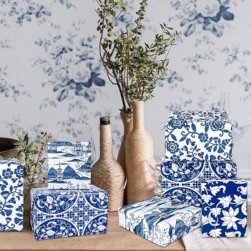 Miniatura 7 de Whaline 12 hojas de papel de regalo chinoiserie azul de 19.7 x 27.6 pulgadas, papel de regalo floral de porcelana de paisaje chino clásico, papel de