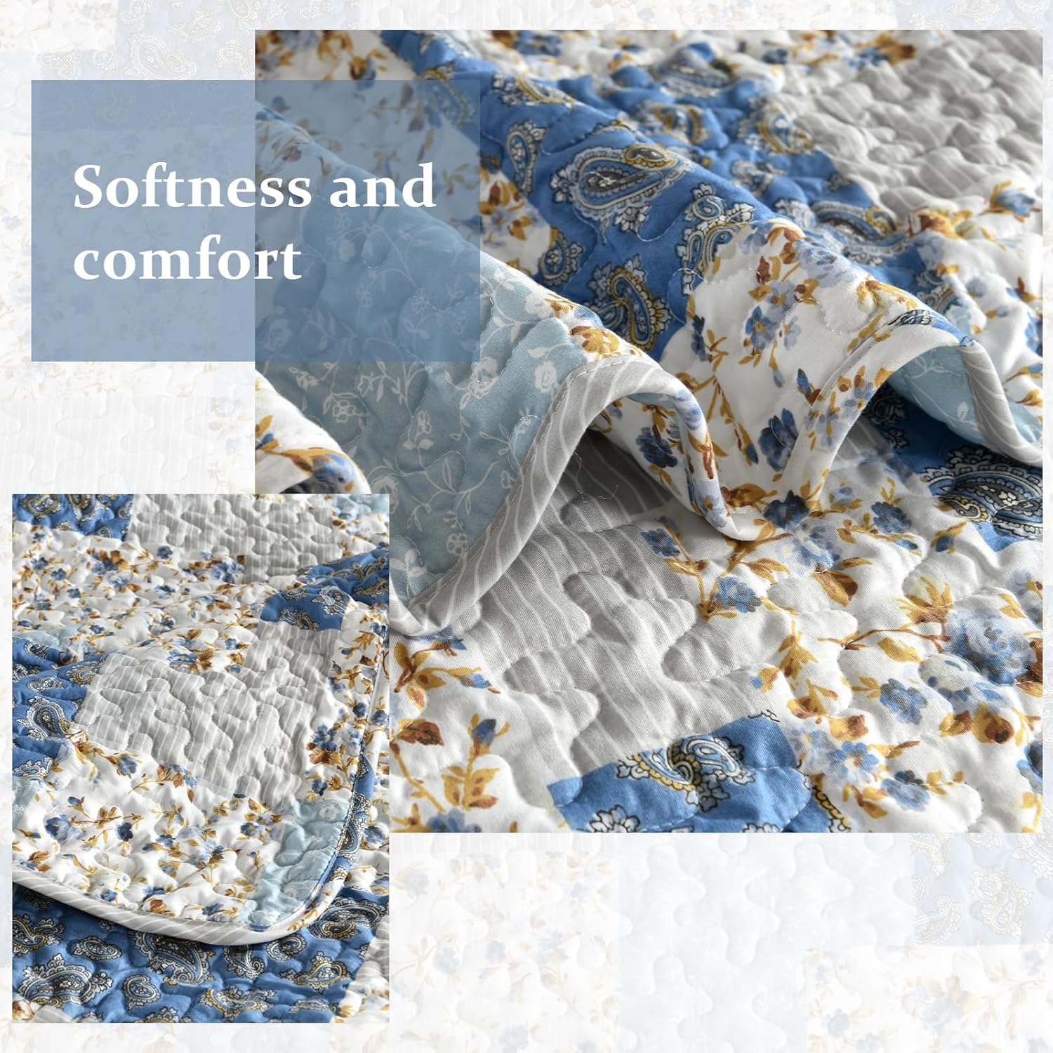 Mybedsoul Light Blue Quilt Set Queen Size, 3 Pieces Boho Plaid Floral Bedspread Set Microfiber Lightweight Bohemian Bedding Bedspread Coverlet Set for All Season 90"x96" - Image 4