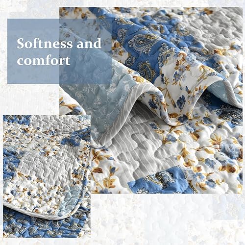 Vista 45 de Mybedsoul - Juego de edredón floral a cuadros color azul aguamarina de 3 piezas tamaño King, bohemio, de microfibra ligera, para todas
