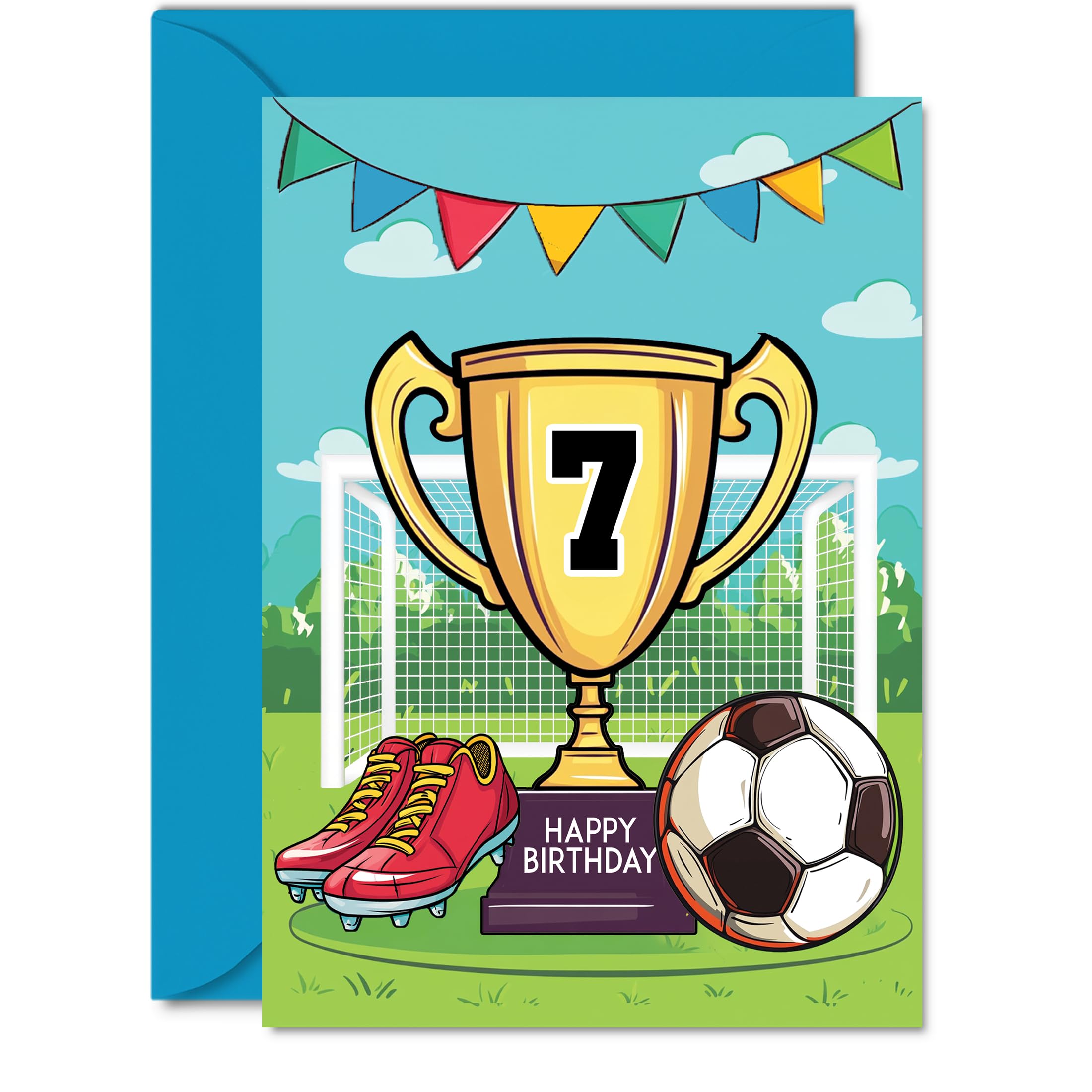 7th Birthday Card Boy - Champions Winners Trophy - Football Birthday Card for 7 Year Old Boy, Age 7 Boys Cards, A5 Footy Greeting
