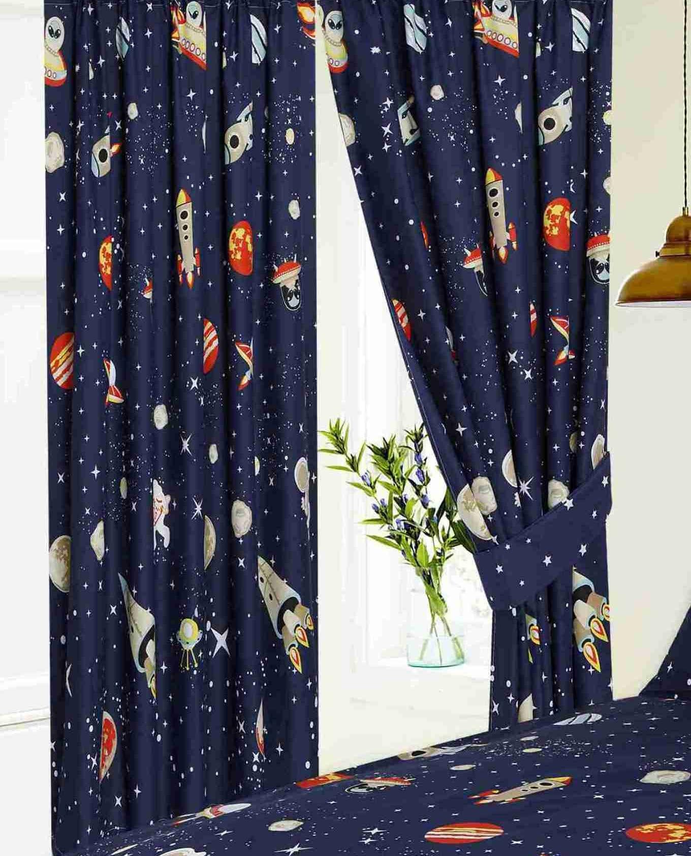 Kidz Kollectionz66" x 72" Space Curtains With Tie Backs, Pencil Pleat, Novelty Kids Galaxy Stars Planets Alien Spaceship Moon, Navy Blue Orange Yellow Grey White