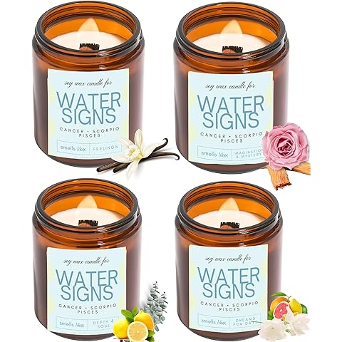 Pisces, Cancer, Scorpio Gifts for Women - 4Pack Wood Wick Candles, 6oz Small Candles Set for Women. Zodiac Astrology Birthday Spiritual Gifts, Natural Soy Wax