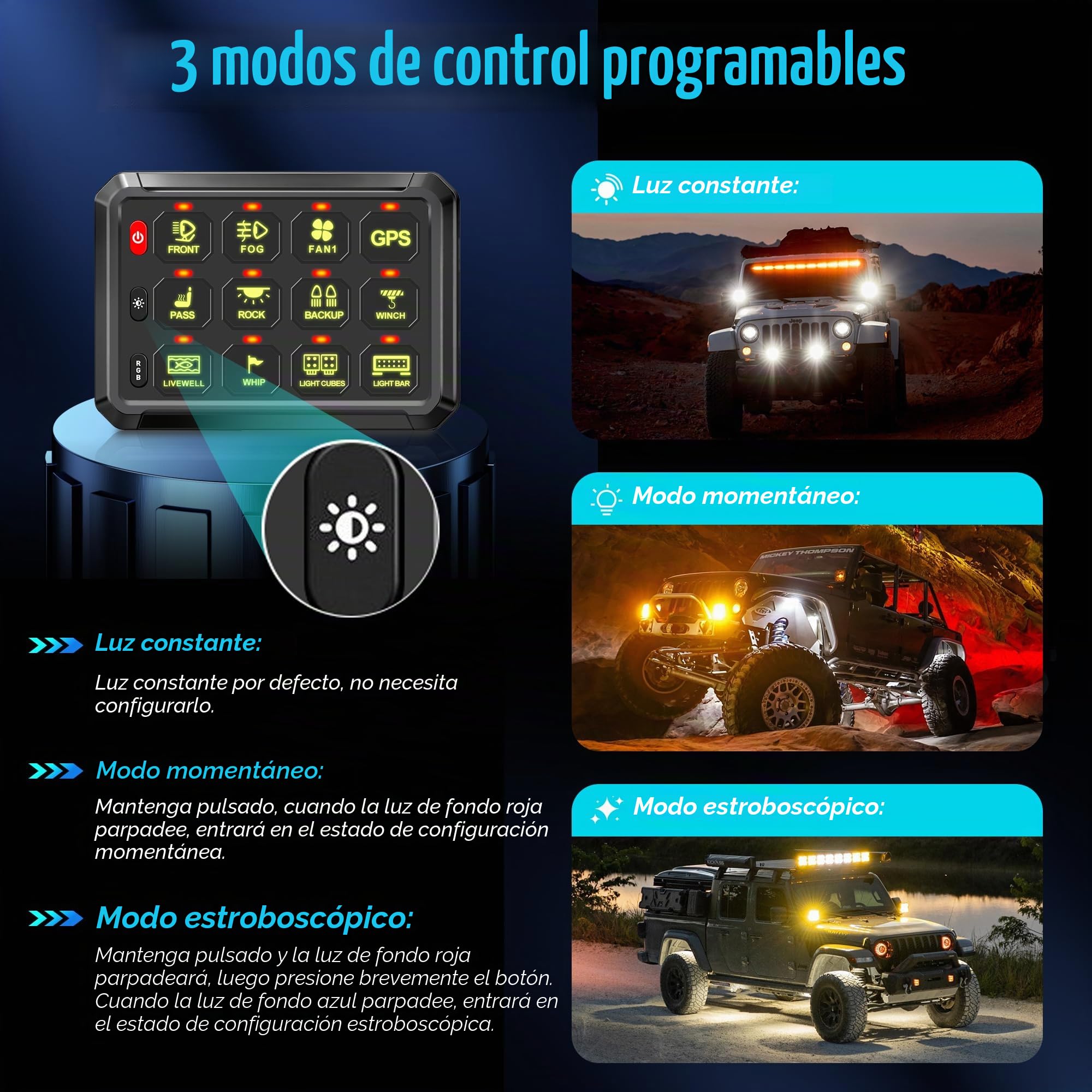 Panel de interruptor RGB de 12 velocidades, regulable automáticamente, panel de interruptores multifunción con memoria de impulso de inclinación instantánea, panel de aluminio para camiones