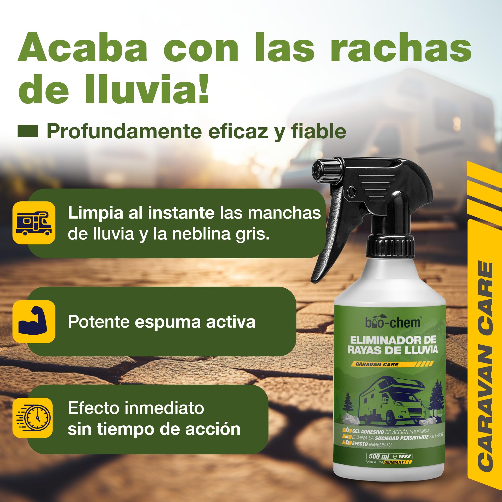 Bio-Chem - Quitamanchas de Lluvia 500ml + manopla microfibras para Parabrisas y Lunas de autocaravanas, caravanas y Coches - Producto Ideal para Lunas Durante Sus Vacaciones en Autocaravana