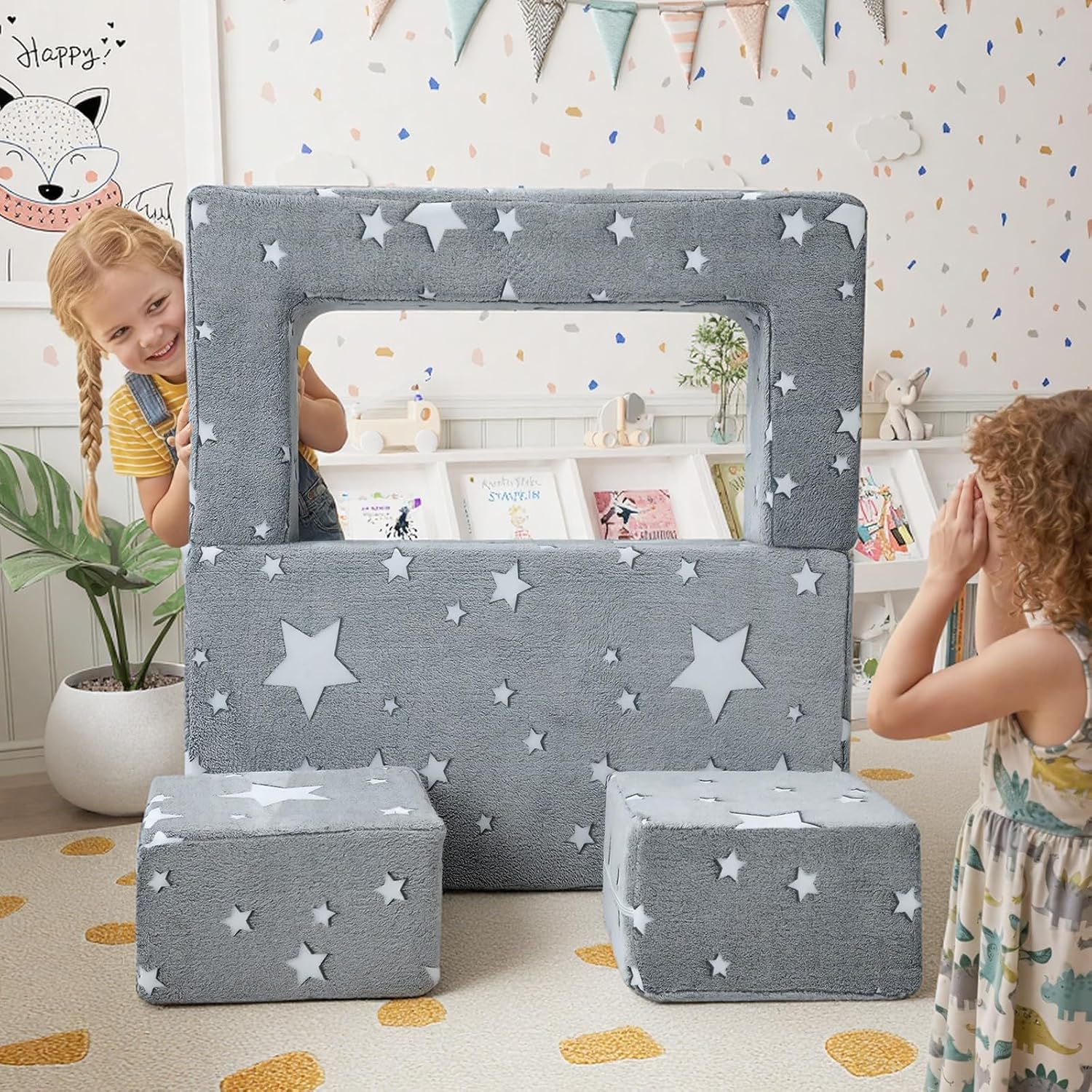 MeMoreCool Modular Kids Play Couch Sofa – Glow-in-the-Dark Star Design, Fold-Out Toddler Couch for Playroom Furniture, Grey