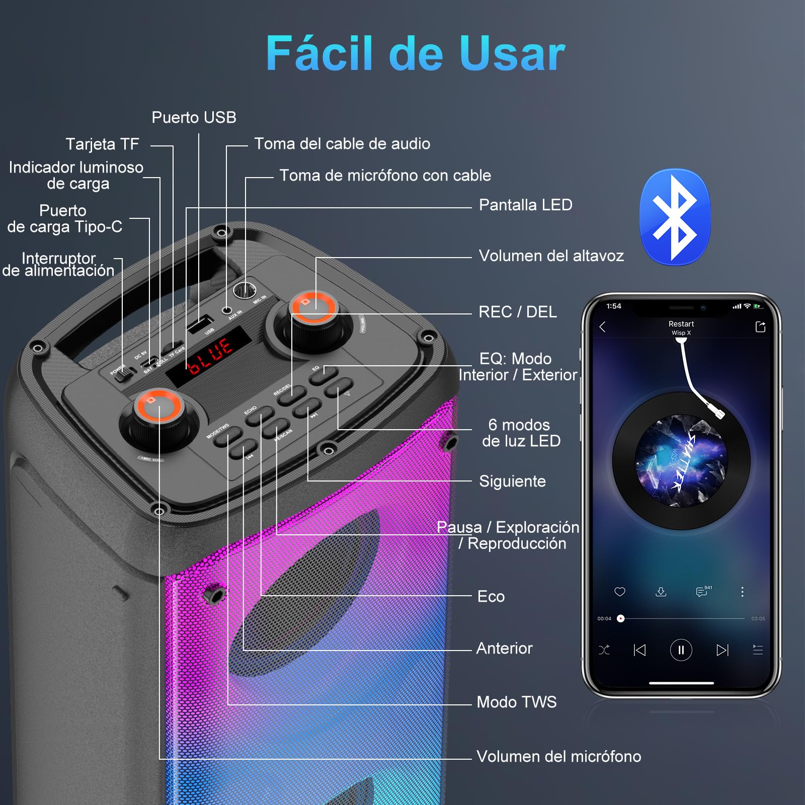 Altavoz Bluetooth, 80W Pico Inalámbrico TWS Altavoces Portátiles Fiestas Al Aire Libre con Subwoofer, Luces LED de Colores, Boombox Fuerte Sonido Estéreo con Micrófono Para el Hogar, Camping, Viajes