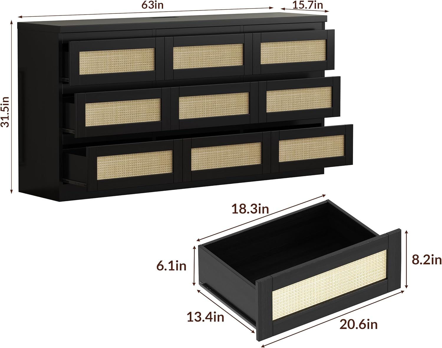 GarveeHome Rattan 9 Drawer Dresser with Charging Station, Farmhouse Chest of Drawers, Wide Closet Dresser Storage Organizer for Bedroom, Living Room, Entryway, Black