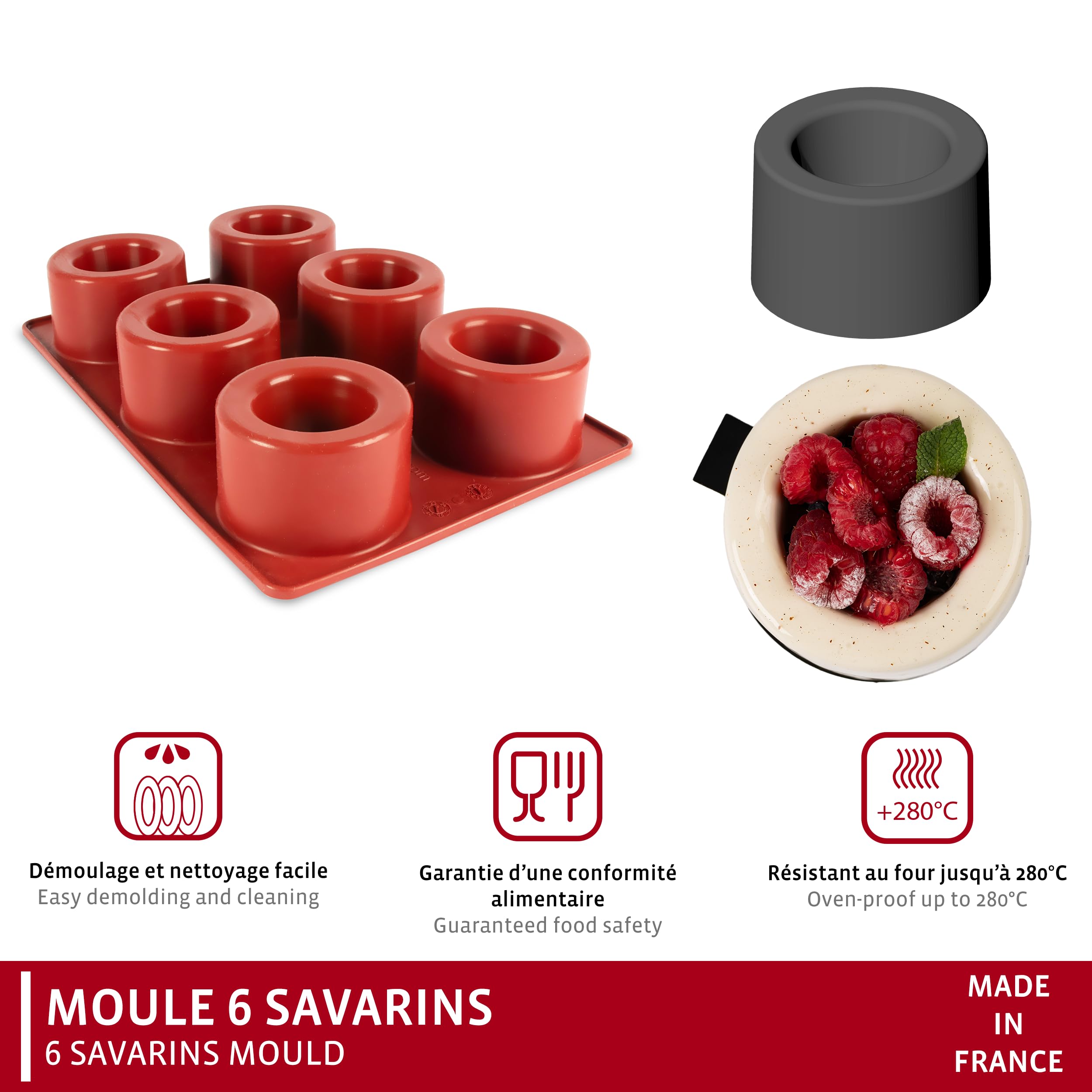 Maé - Moule Savarin avec Puits 6 Alvéoles Ø75X45mm - Silicone Alimentaire Premium Anti-Adhérent - Souple, Démoulage Facile & Net - Convient -45°C/+280°C - 160ml