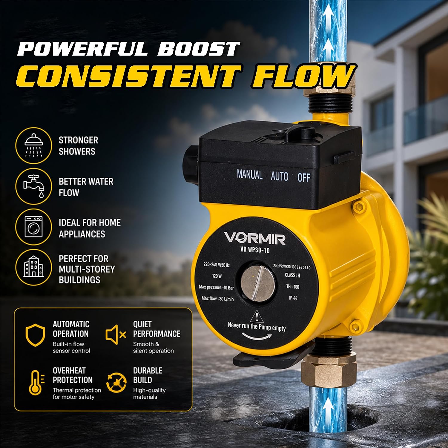 Diagram showing the benefits of the IBELL VORMIR VR WP30-10 pump, including stronger showers, better water flow, suitability for home appliances and multi-storey buildings, automatic operation, quiet performance, overheat protection, and durable build.