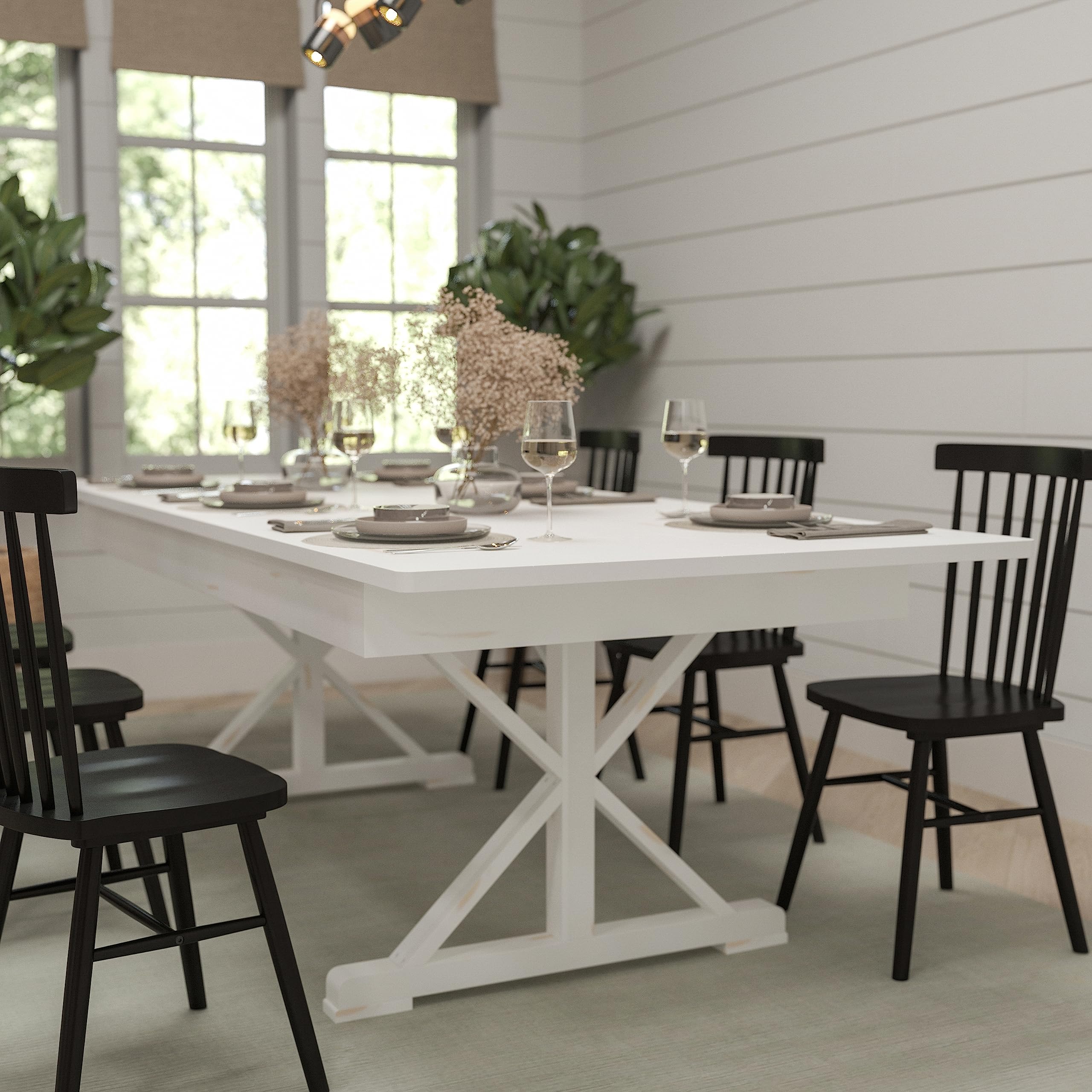 Merrick Lane Gatliff 8' x 40" Rectangular Antique Rustic White Solid Pine Foldable Dining Table with Crisscross Legs