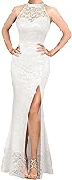 VFSHOW Women's Sexy Halter High Slit Maxi Dress - Illusion Sweetheart Neckline Lace Prom Wedding Guest Evening Gown
