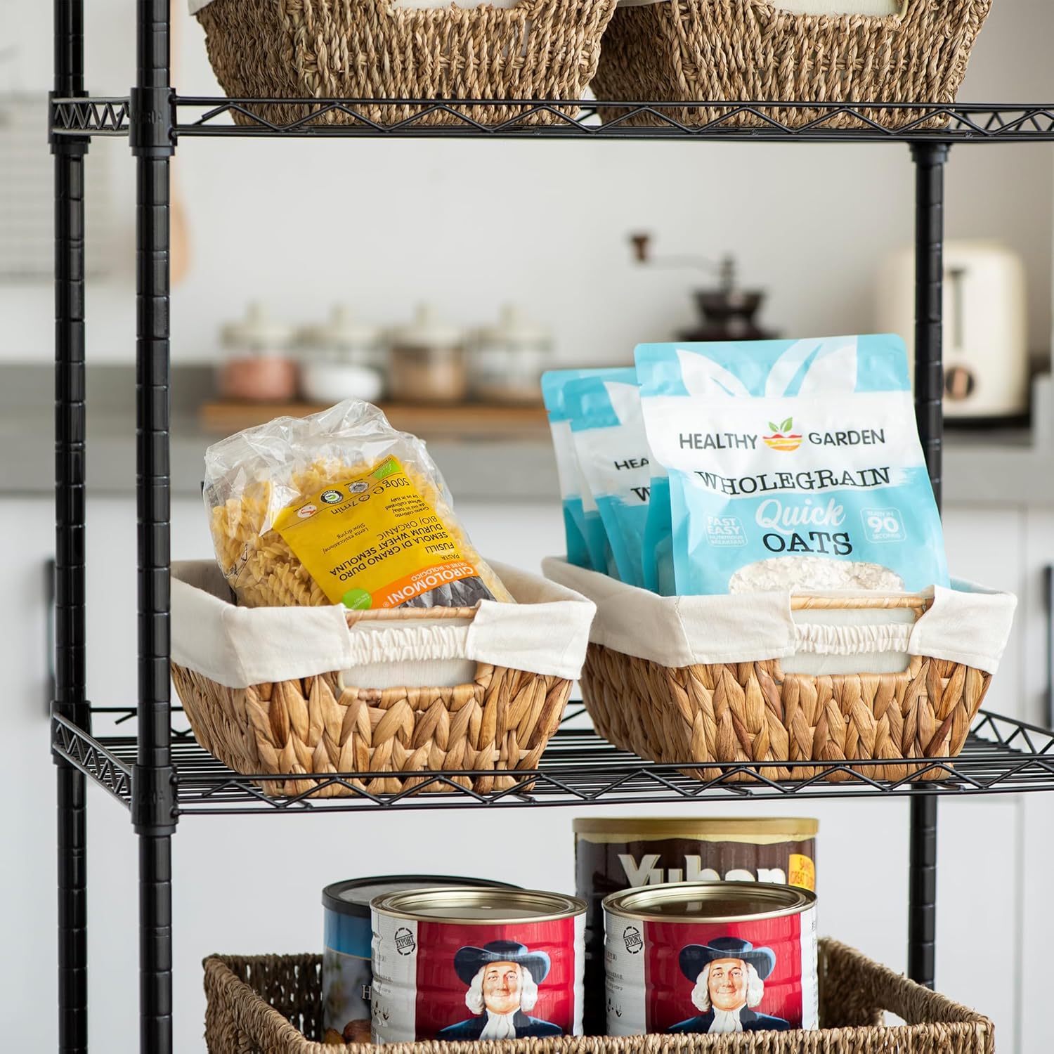 Wicker Storage Baskets with Liners, Water Hyacinth Storage Baskets with Built-in Handles Handwoven Shelf Baskets Storage Boxes Organizers for Clothes/Dresser/Bathroom/Shelves/Towels, 2 Pack