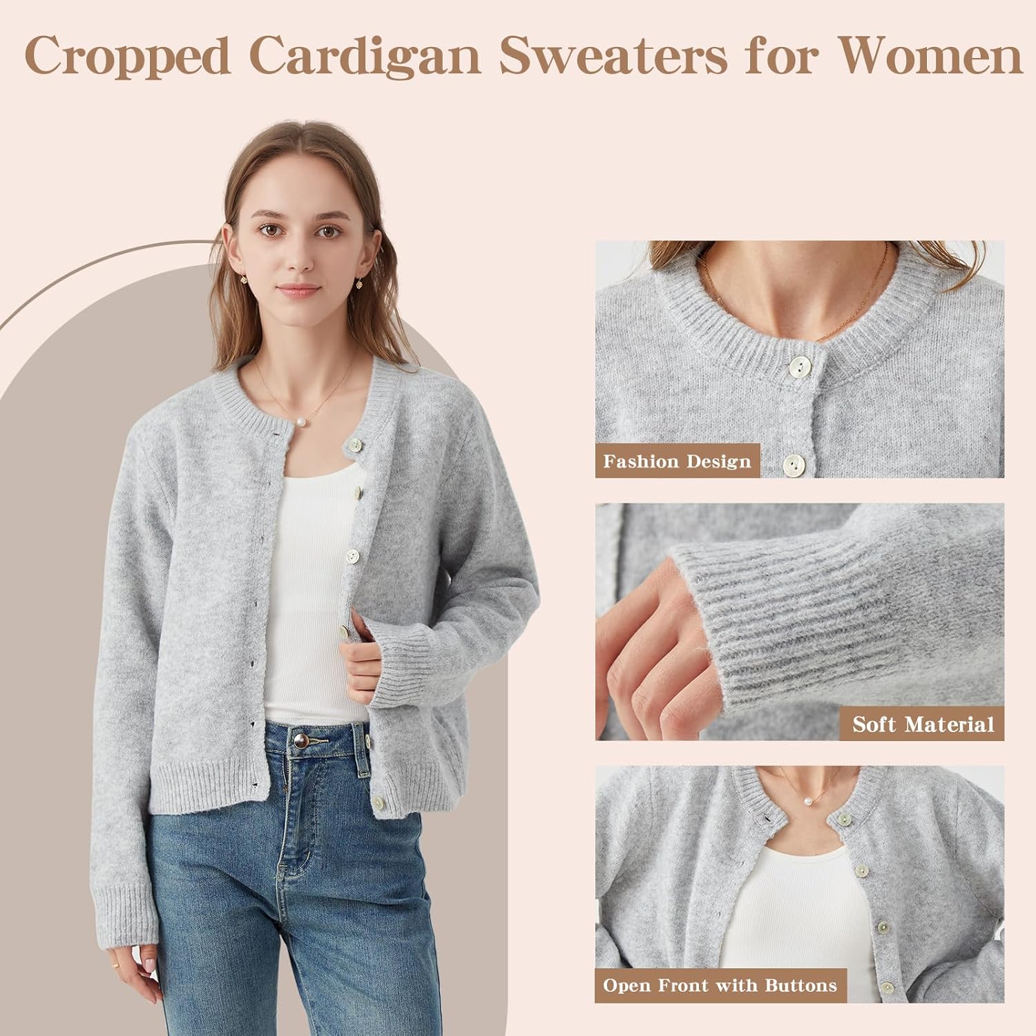 Topdear Cropped Cardigan Sweaters for Women, Open Front Long Sleeve Crop Knit Sweater for Dresses, for Jeans, XS to XL, Grey - Image 3