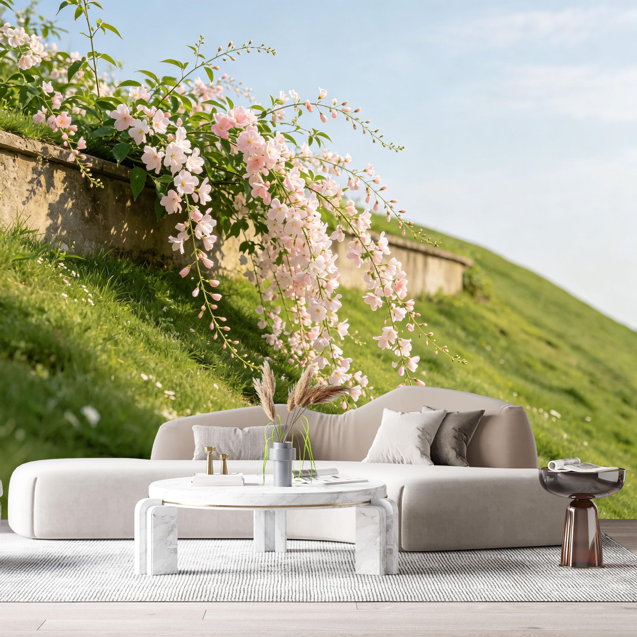 Custom Size Wall Murals Botanical Blooming Pink Flowers Garden Hill Landscape SelfAdhesive Wall Fabric Removable Large Wallpaper for Photo Living Room