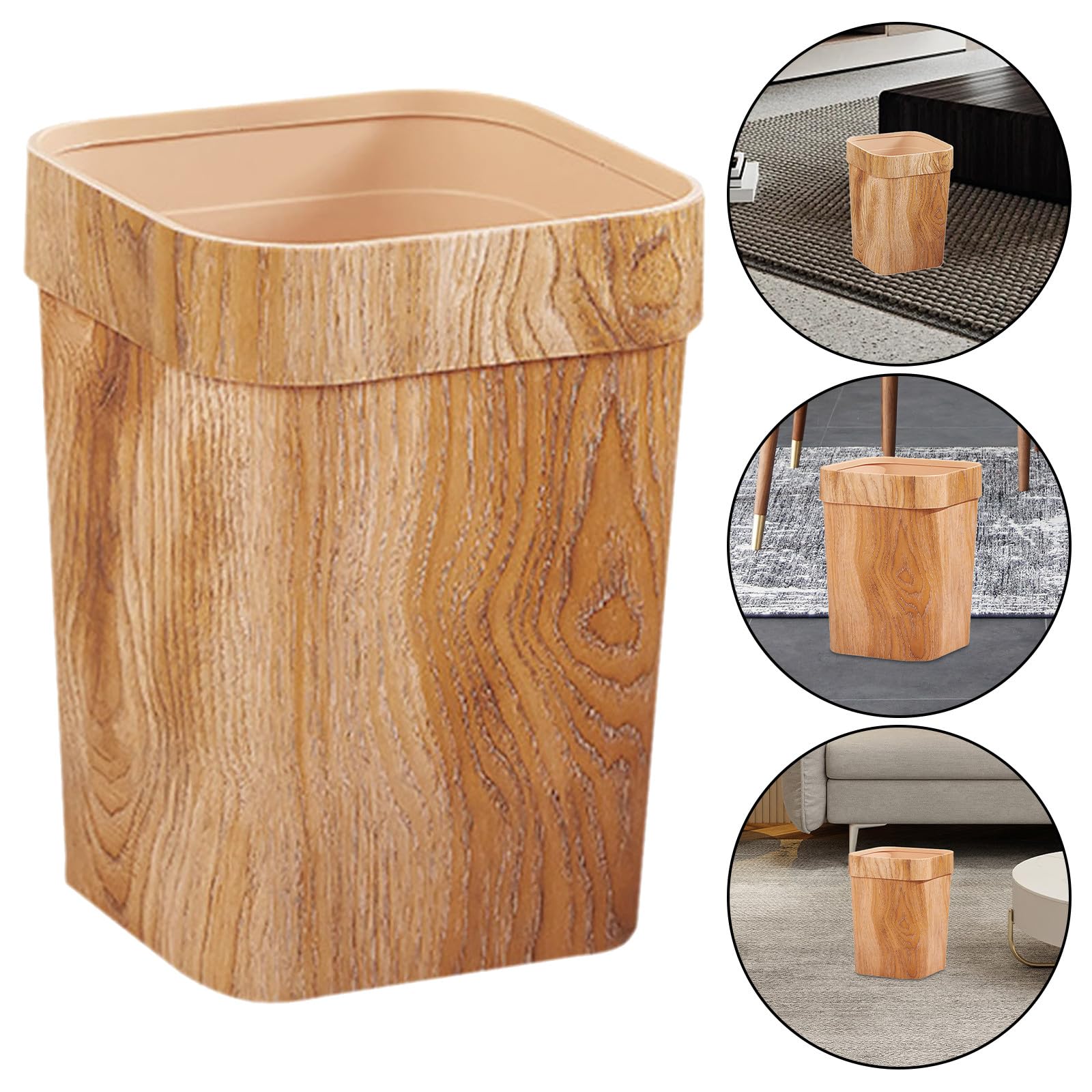 Bidone della Spazzatura Effetto Legno 12l in Plastica Ecologica, Contenitore per Rifiuti Domestici e Cestino per Carta Straccia, per Cucina, Ufficio e Camera da Letto