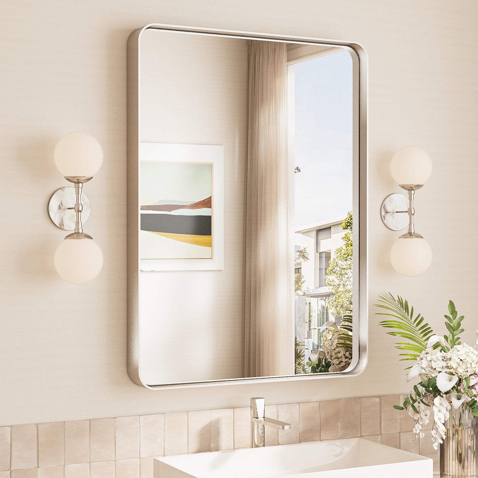 TokeShimi 24x32 Brushed Nickel Bathroom Wall Mirror Vanity Metal Frame Round Corner Rectangular for Home Decor Living Room Entryway (Horizontal/Vertical)