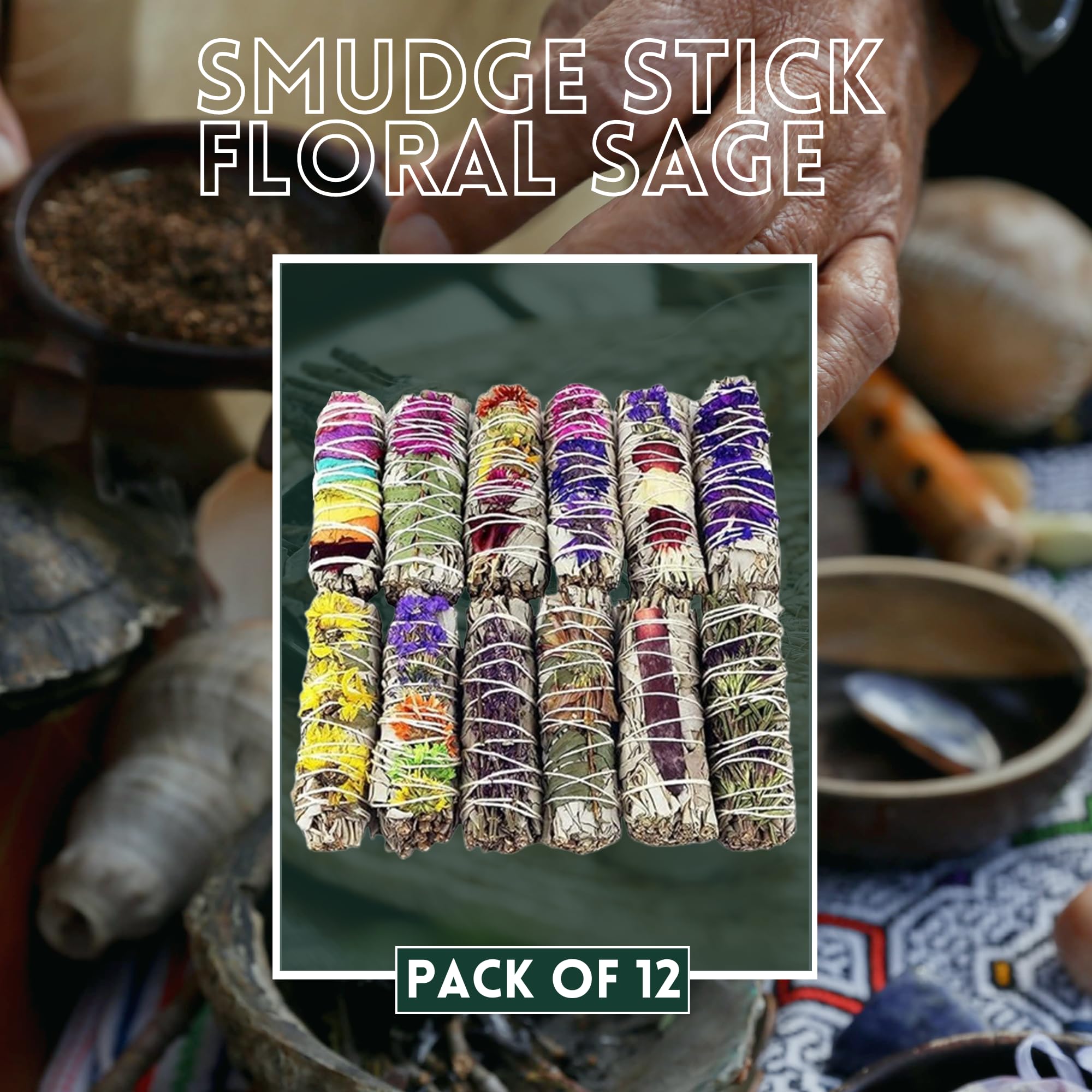 SOUL STICKS Smudge Stick Variety Gift Set | Bulk Sage Bundles for Space Cleansing | Smudging Wand Gift Set with Smudge Guide (Floral Sage, 12 Pack)