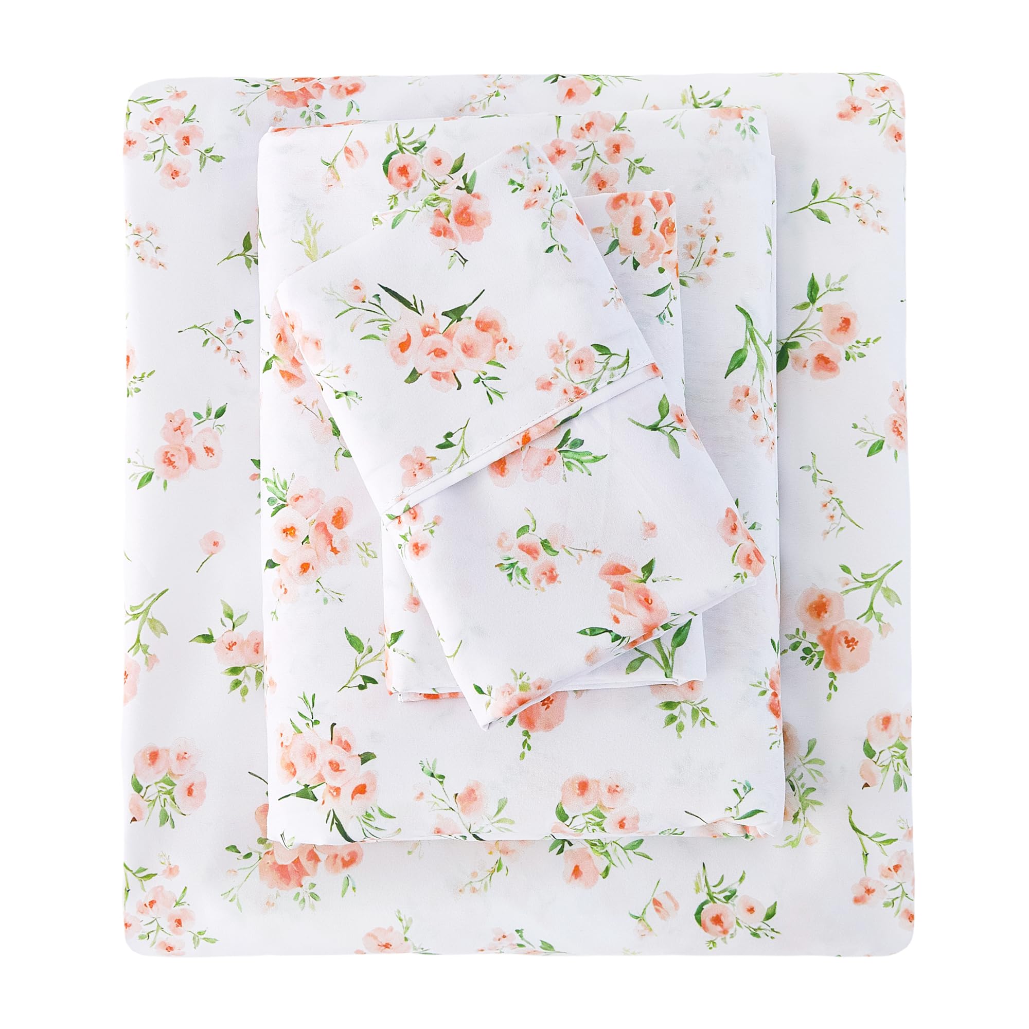 Viviland Floral Full Sheet Set - 4 Piece Vintage Pink Flower and Leaves Patterned Bed Sheets - Soft, Breathable Microfiber Sheets with Deep Pocket,