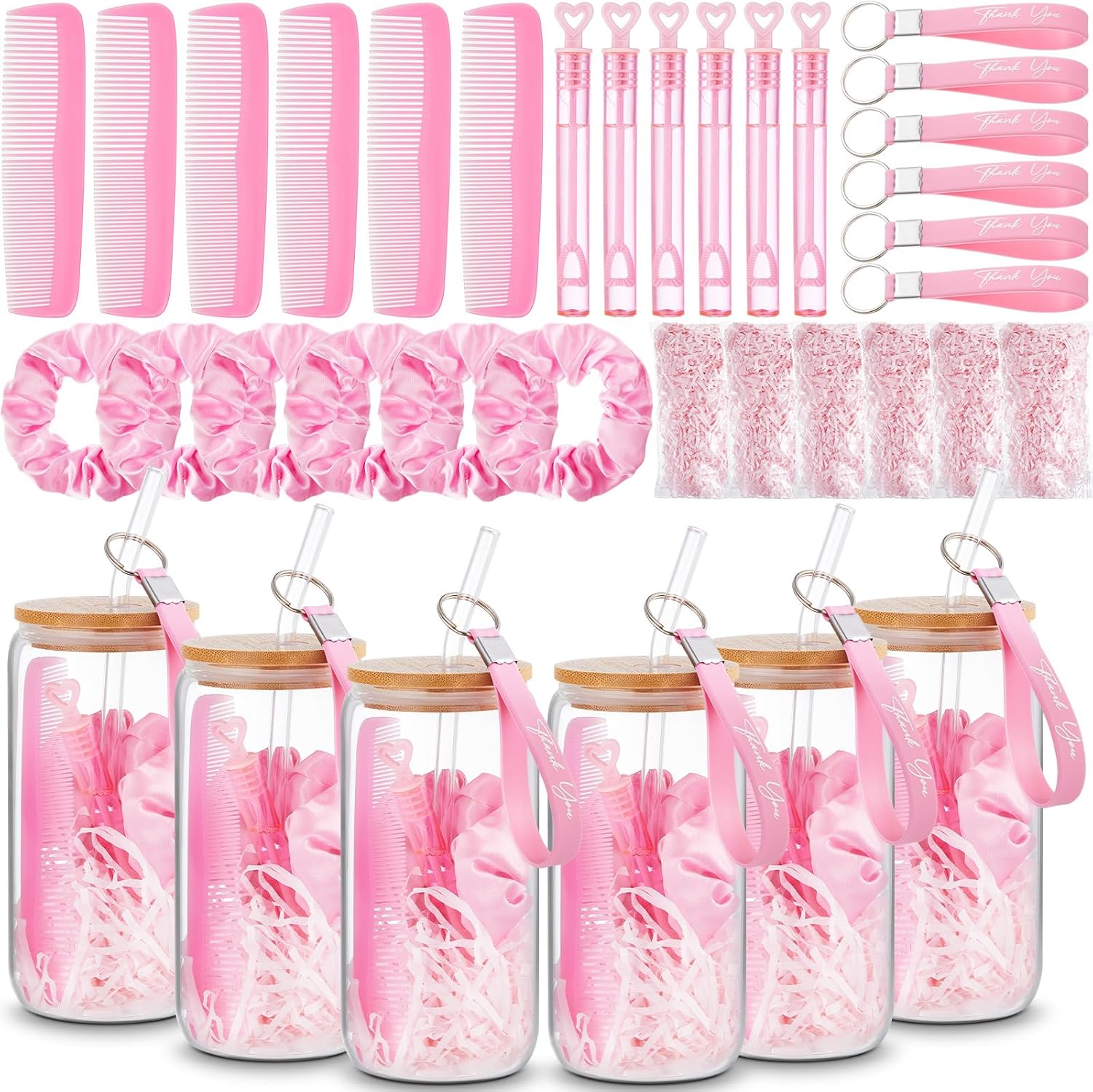Patelai 36 Pcs 6 Sets Valentine's Day Gifts Glass Cups with Lids and Straws Hair Brush Scrunchies Pink Romantic Bubbles and Keychains with Thank You Tags for Women Wedding Bridal Baby Shower