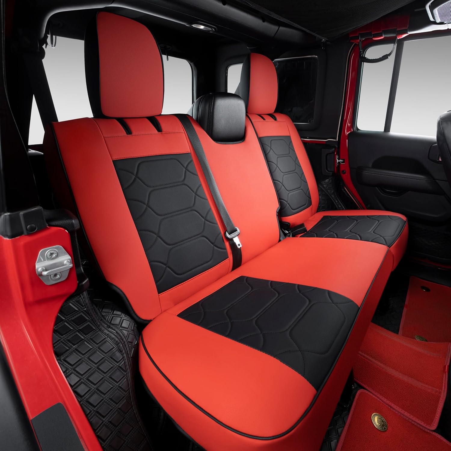 OASIS AUTO Custom Fit Seat Covers Compatible with Jeep Wrangler JL Unlimited (2018-2026) 4-Door, Waterproof Faux Leather, Fits Rubicon Sahara Sport (Black&Red)