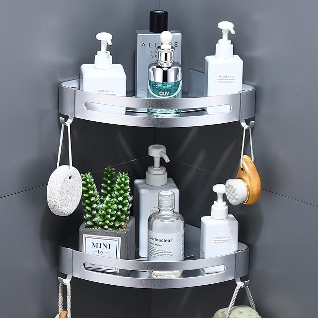 maifey Shower Corner Shelves-Metal Bathroom Shelf No Drilling, Shower Caddy Wall Mounted Bathroom Storage Shelves Shower Gel Organizer, Rustproof,Glue Install (2 Tier, Bright Silver)