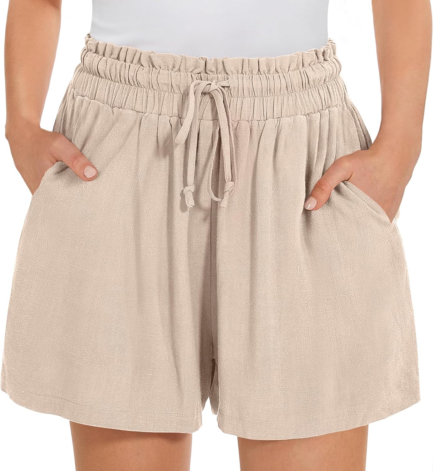 UEU Womens Linen Casual Shorts Summer Ruffle High Waisted Wide Leg Drawstring Beach Pleated Lounge Short with Pockets - Image 2