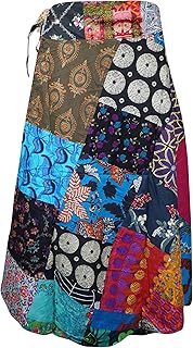 Mogul Interior Womens Wrap Around Skirts, Cotton Skirts, Pink Blue Patchwork Boho Short Skirt, Bohemian Fashion One Size