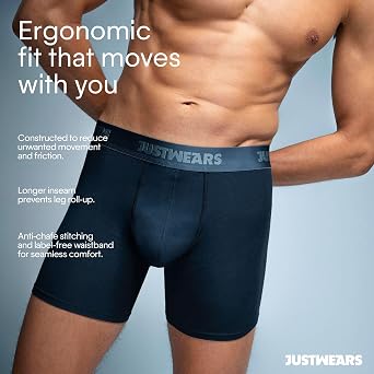 JustWears Active Mens Boxer Briefs, 3 Pack | Breathable Anti-Chafe Underwear with PouchTech™ Support | Moisture-Wicking MicroModal Air Cool Fabric & Hyper-Flex Waistband | Seamless Sustainable Boxers