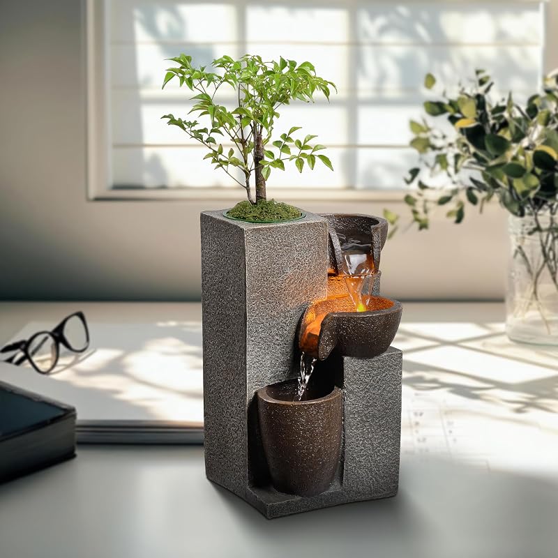Fuente de cascada de mesa de resina con luz LED y maceta, fuentes de agua de escritorio interior para decoración de oficina en el hogar (22028N)