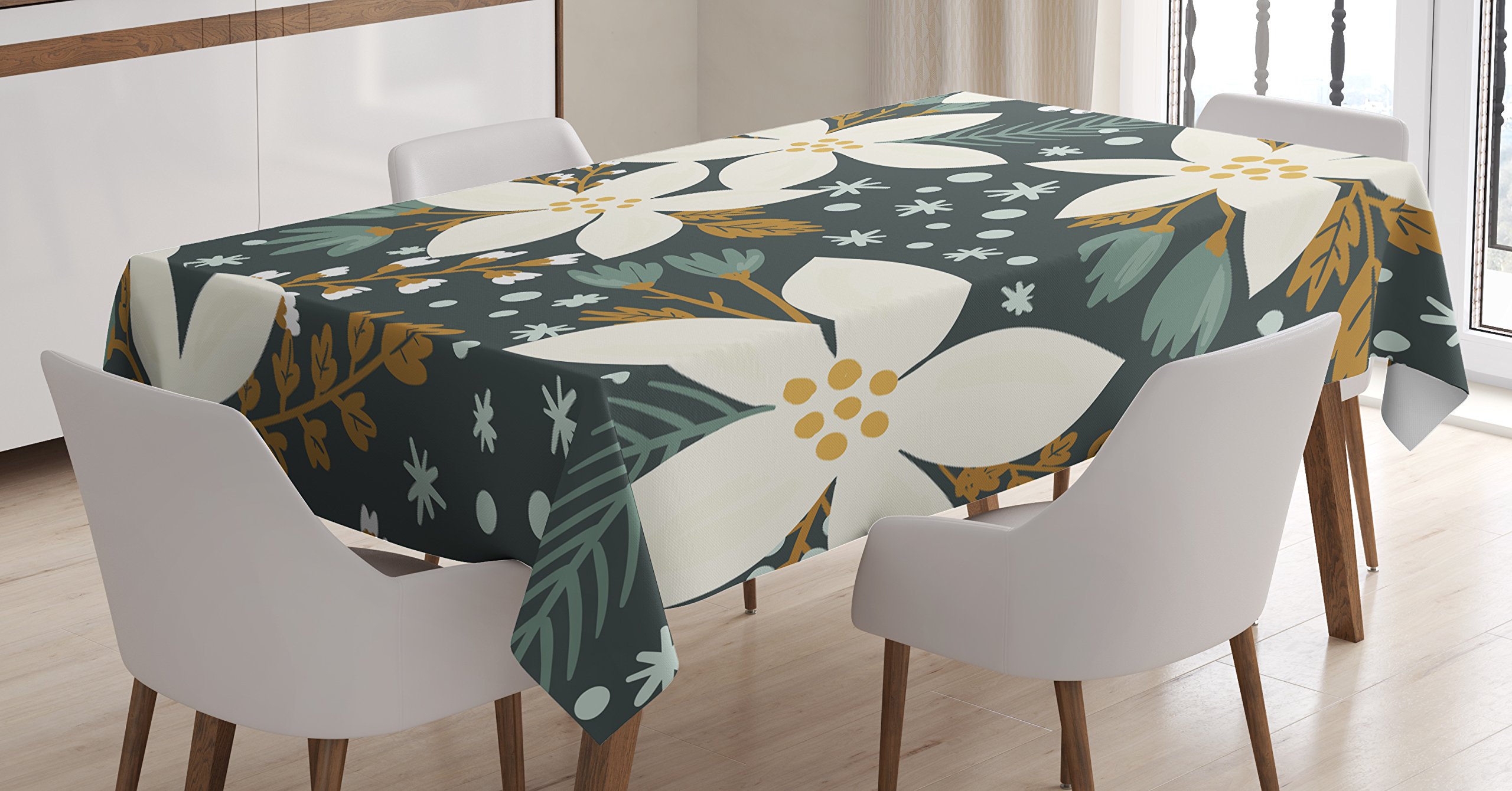 Ambesonne Floral Tablecloth, Hand Drawn Poinsettia Flowers Garden Blossoms Hawaiian Inspired  Art  Print, Dining Room Kitchen Rectangular Table Cover, 60" X 84",  Caramel  White