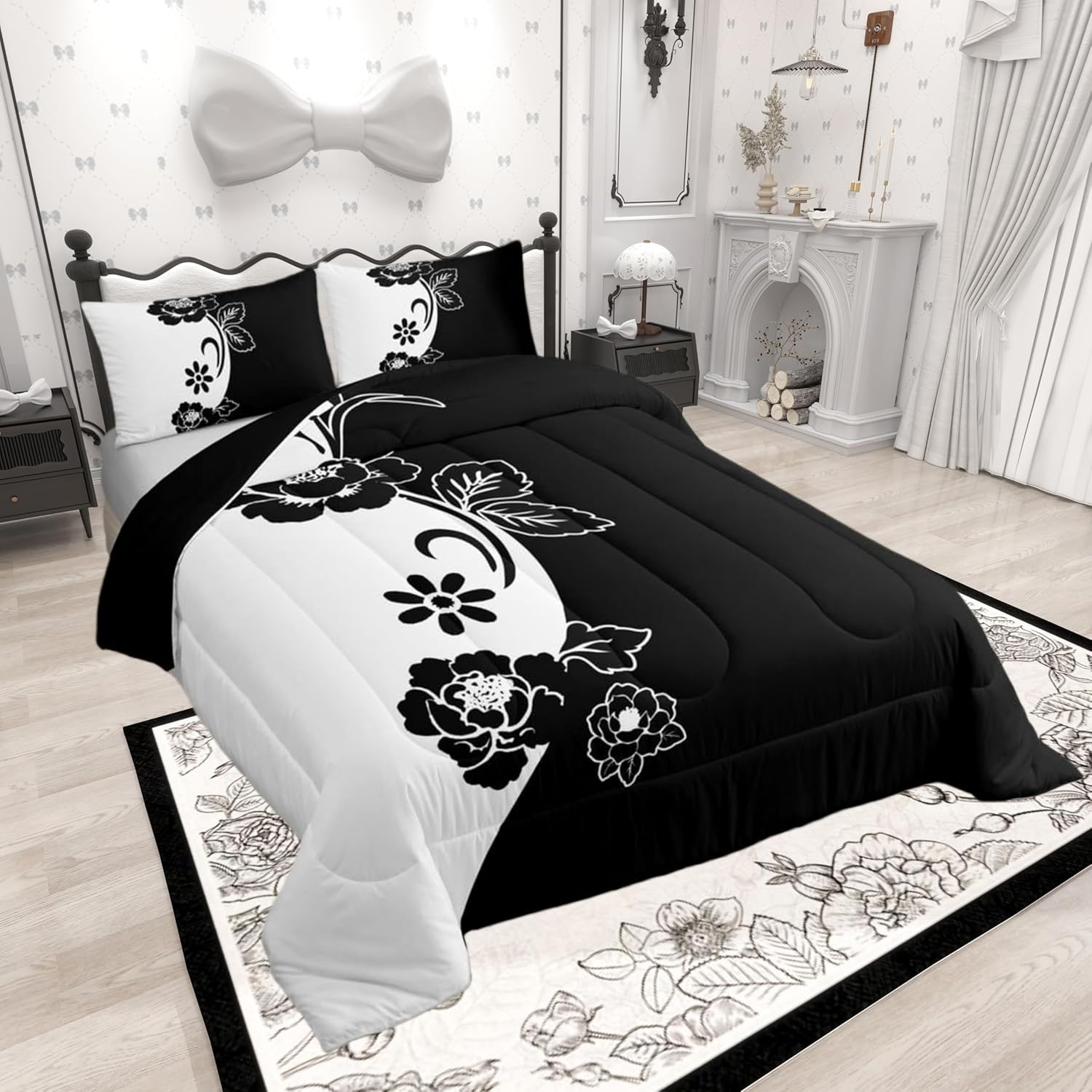 Modern Floral Comforter Set Queen Size,Black and White Bedding Set for Kids Boys Girls Bedroom Decoration,Creative Abstract Flowers Bed Duvet Insert,Yin and Yang Comforter with 2 Pillowcase
