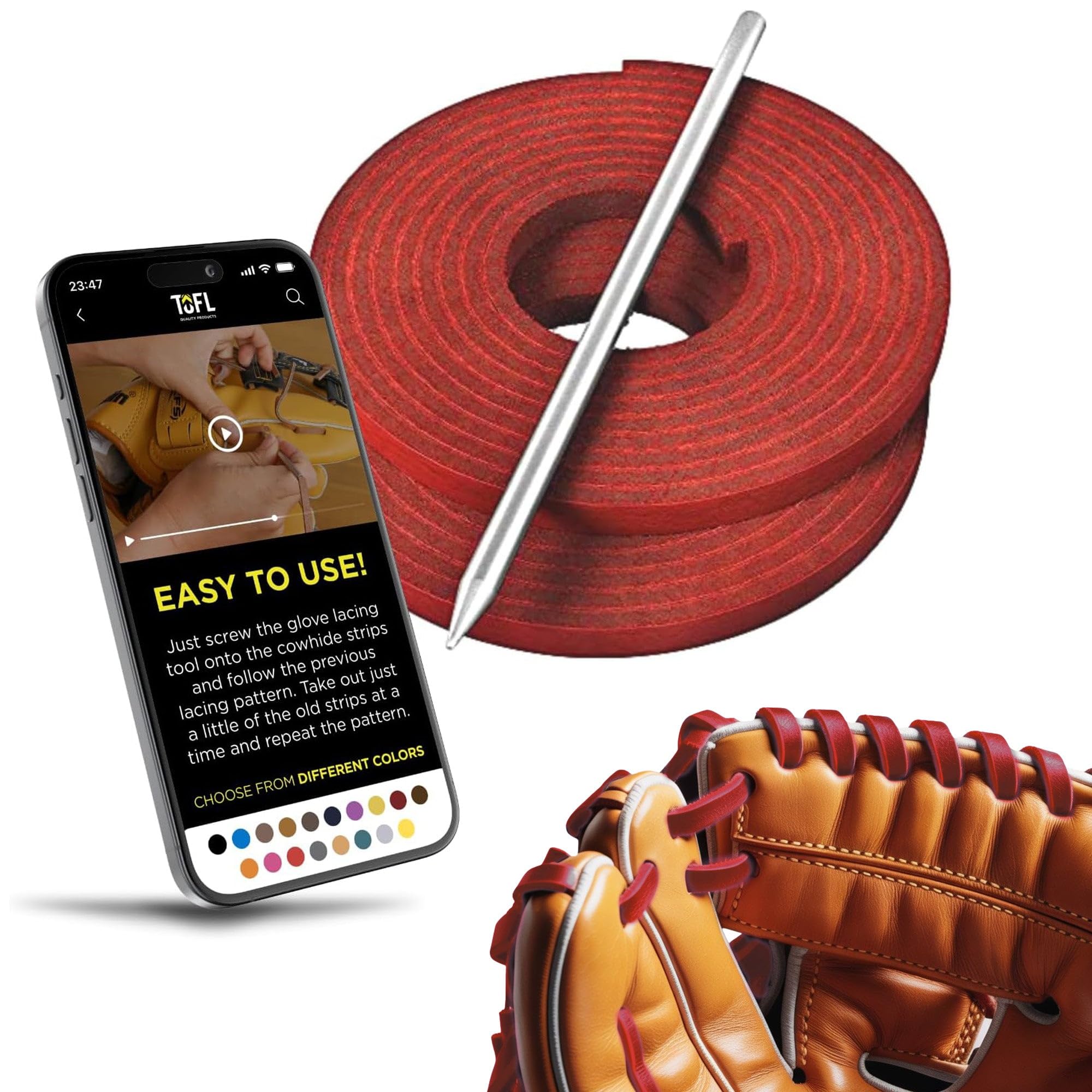 TOFL Gant de softball et de baseball en dentelle rouge | 2 lacets en cuir avec aiguille de laçage pour gants de baseball