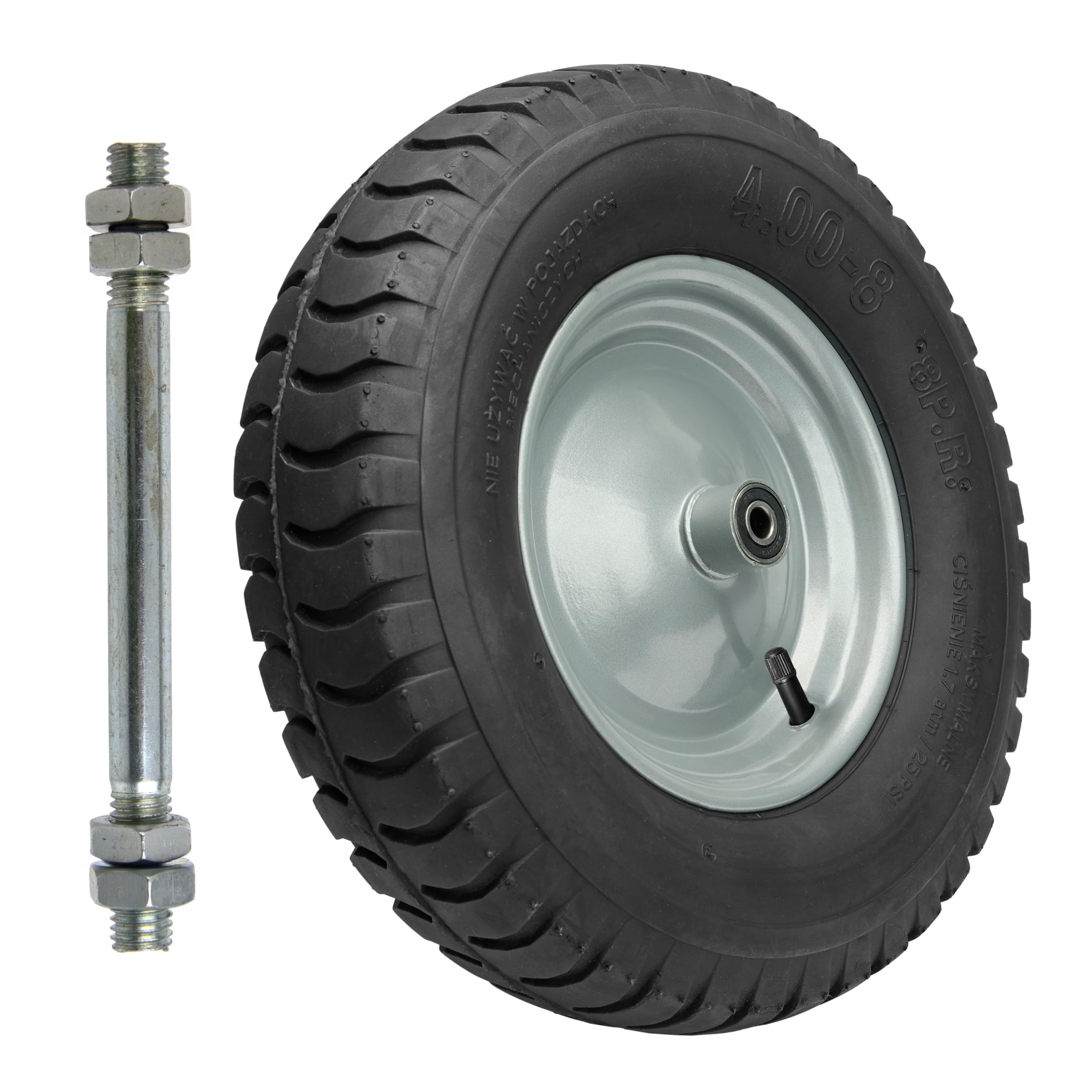 Garronda Ersatzrad Schubkarre 4.80/4.00-8 Schubkarrenrad Ø 405 mm Luftreifen 8PR Reifen bis 180 kg mit Achse Stahlfelge Kugellager für Gartenwagen Hof Baustelle GD-0163, Schwarz-Silber