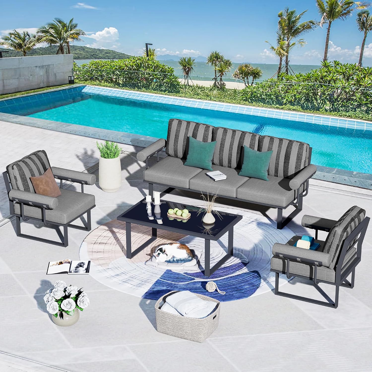 HOOOWOOO 4 Piece Outdoor Patio Furniture Set,Aluminum Outside Modern Conversation Sofa,Weather Resistant Couch Seating with Table Cushioned Armrest,Grey Stripe