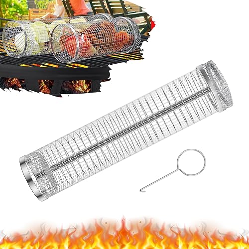 GOTGELIF Cesta rodante para parrilla, canasta de acero inoxidable para asar uniformemente y almacenamiento conveniente, tubo de red en camping
