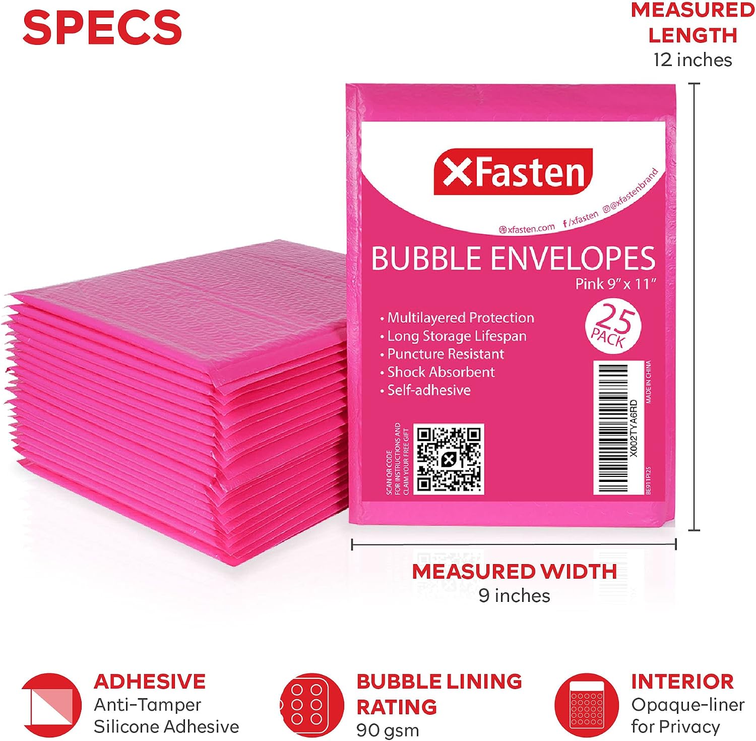XFasten Poly Bubble Mailers 7.95 Inches x 12 Inches Shipping Bags, 25 Pack Pink Bubble Lined Wrap Padded Envelope Packaging for Small Business, Bulk Shipping Mailing Envelopes – Waterproof