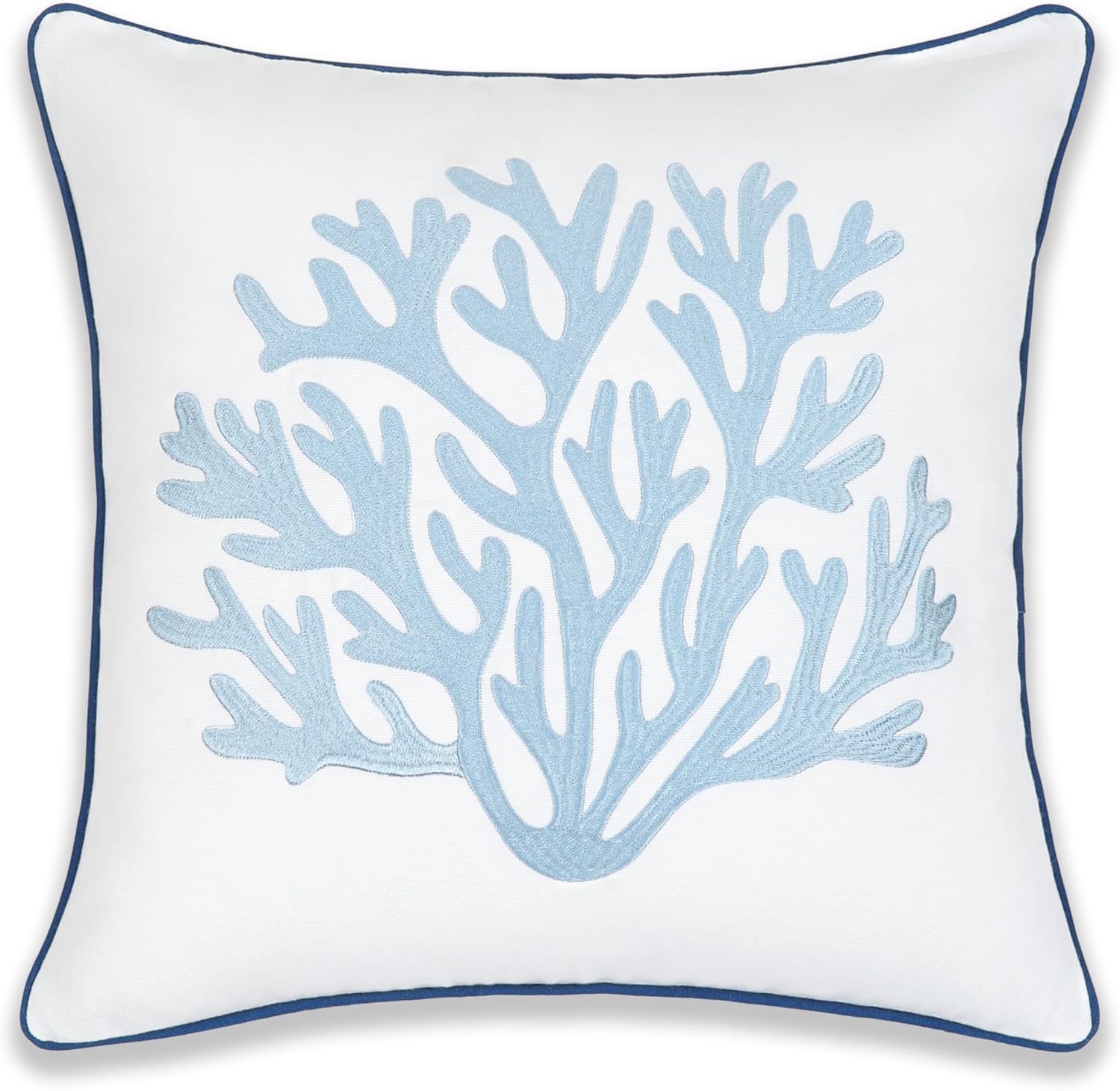 Hofdeco Premium Coastal Patio Indoor Outdoor Throw Pillow Cover Only, 20"x20" Water Repellent for Backyard, Couch, Navy Baby Blue Embroidered Sea Life Coral with Piping - Image 6