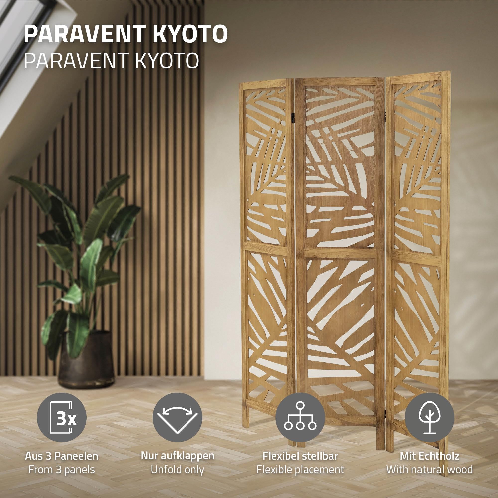 ML-Design Parawan 3-czesciowy Kioto naturalny 170x121 cm Drewniany Skladany Parawan Pokojowy Wolnostojacy Scianka Dzialowa Ekran Prywatnosci Do Przebieralni I Sypialni Panel Oslona Przestrzeni