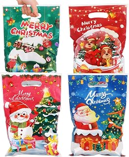 Christmas Gift Bags with Handles - 50 Pcs Christmas Treat Bags, CHristmas Goodie Bags Bulk Plastic Snowman Small Candy Goody Cookie Snack Favor Tote Bag for Winter Xmas Holiday Party Favors Supplies