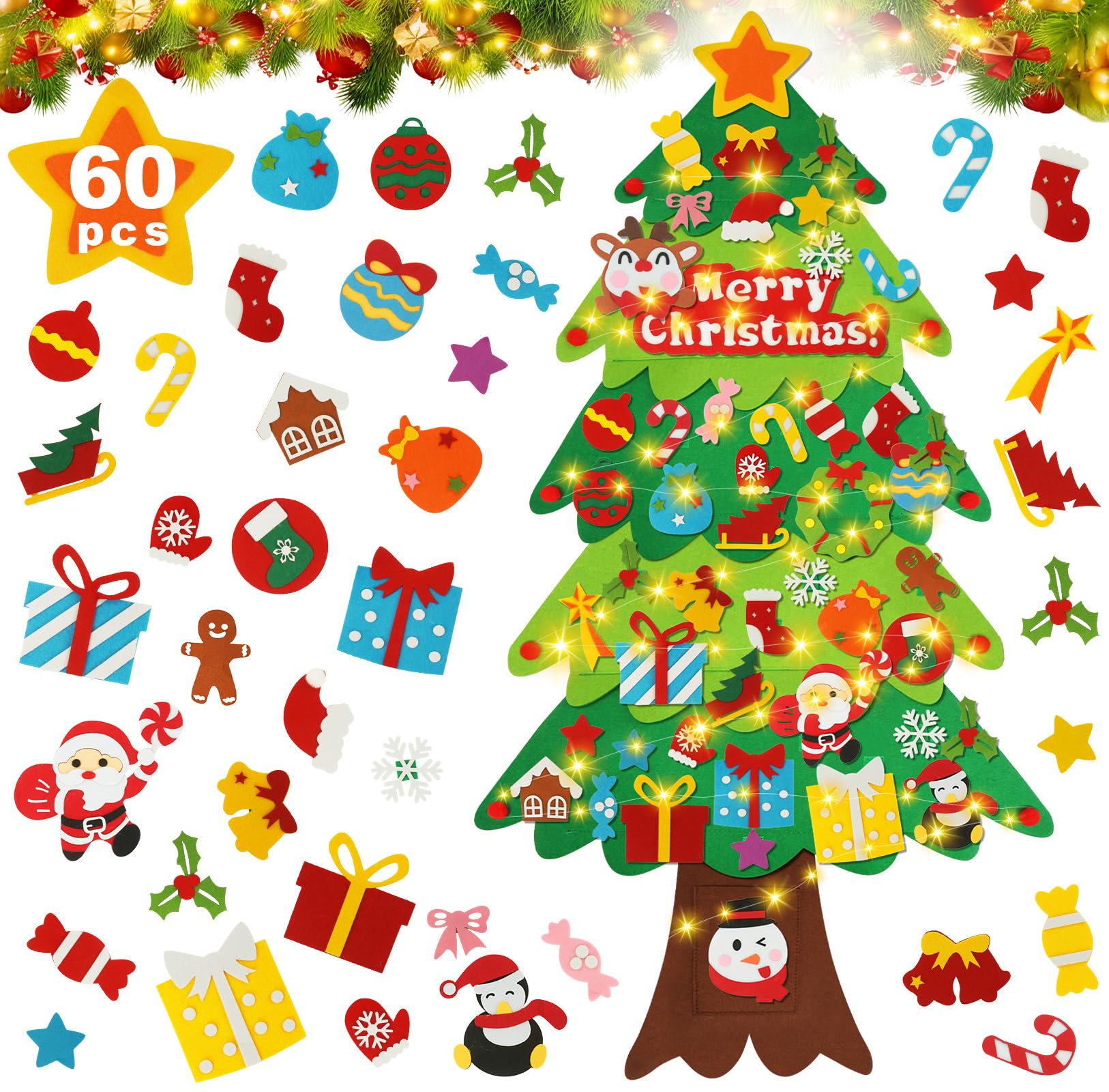 Albero di Natale, 3,34 Ft/ 40 Pezzi Fai da Te Illuminato in Feltro Set Albero di Natale, con 5m Luci a Stringa, Accessori Pupazzo di Neve e Numerose Decorazioni Rimovibili, per Regalo
