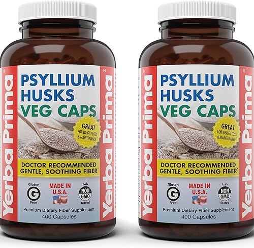 Yerba Prima Cápsulas vegetales de cáscara de psyllium, 400 cápsulas (625 mg) (paquete de 2)  Vegano, sin OMG, sin gluten, limpiador de colon,
