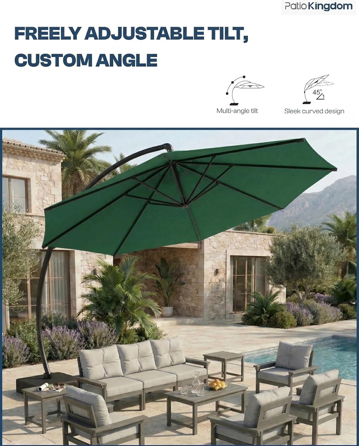 11FT Cantilever Umbrella with Base Included, Large Round 360° Rotation Offset Umbrella Outdoor Patio, Heavy Duty Aluminum Frame, Sand-Weighted Stand, for Deck, Backyard, Pool, Garden (Dark Green)