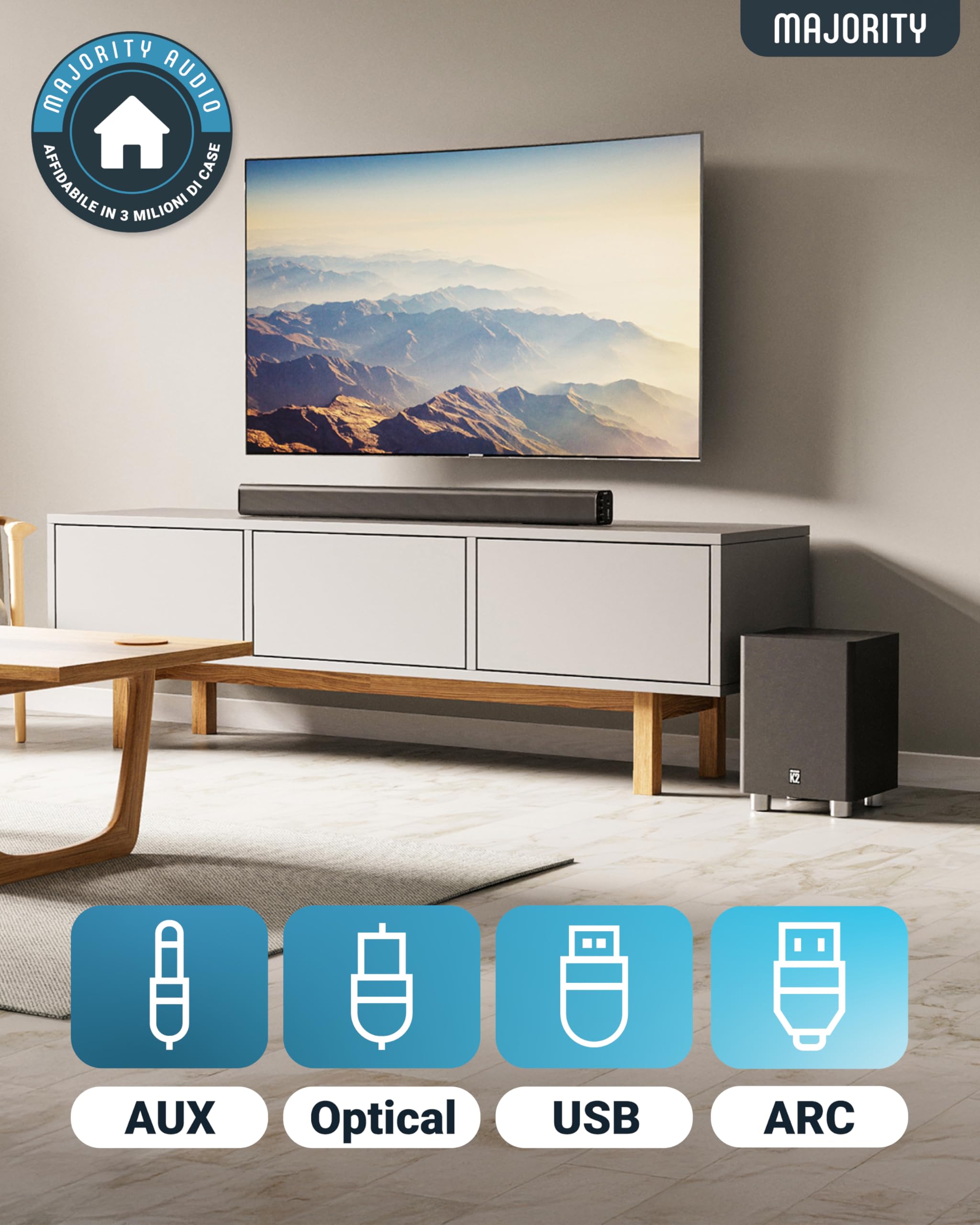 Majority 150W Barra Soundbar | 2.1 Home Theater Wireless | Sound Bar per TV con Suono 3D | Casse TV con Arco HDMI, Bluetooth, RCA e Connessione Ottica | Riproduzione USB e AUX K2 (Nero)